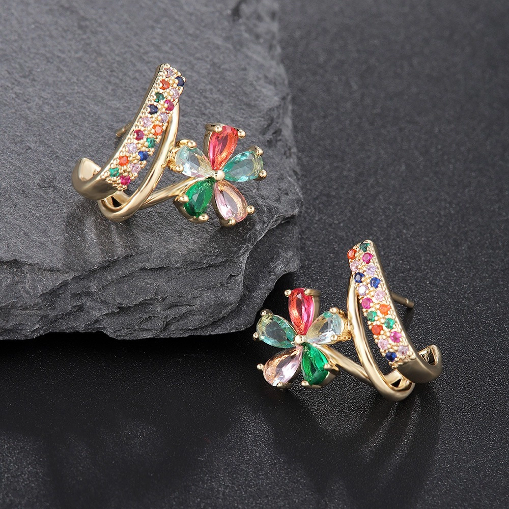 Colorful Flower Cubic Zirconia Huggie Earring Gold Plated Rainbow CZ Twisted Hoop Earring
