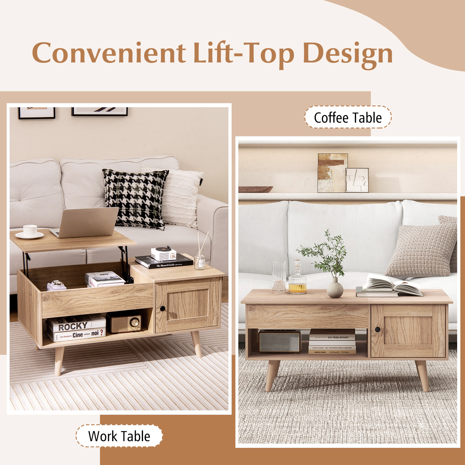 SUGIFT 39.5-in Natural Convertible Writing Desk Coffee Table with Lifting Top Soft-Close Cabinet and Cubbies