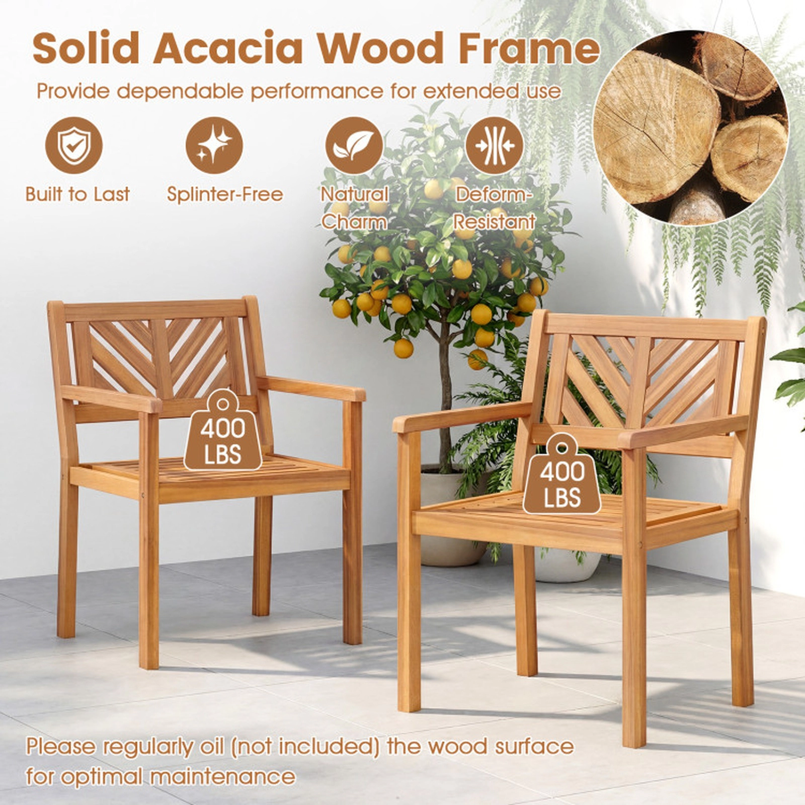 SUGIFT Set of 4 400-lb Capacity Teak Acacia Wood Outdoor Dining Chairs with Slatted Back and Armrests