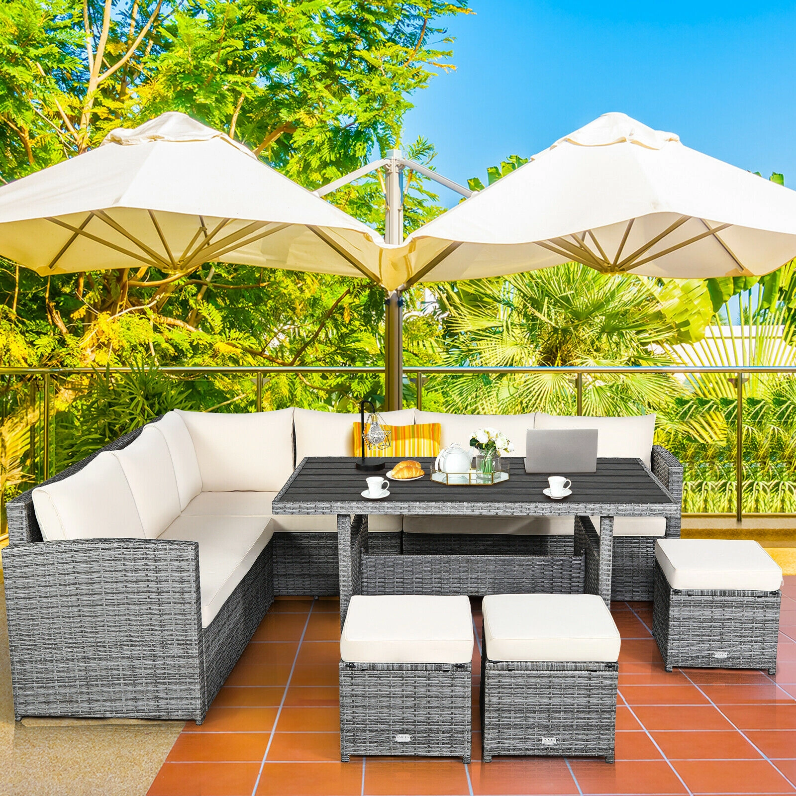 LJG 7 Pieces Patio Rattan Dining Furniture Sectional Sofa Set with Wicker Ottoman