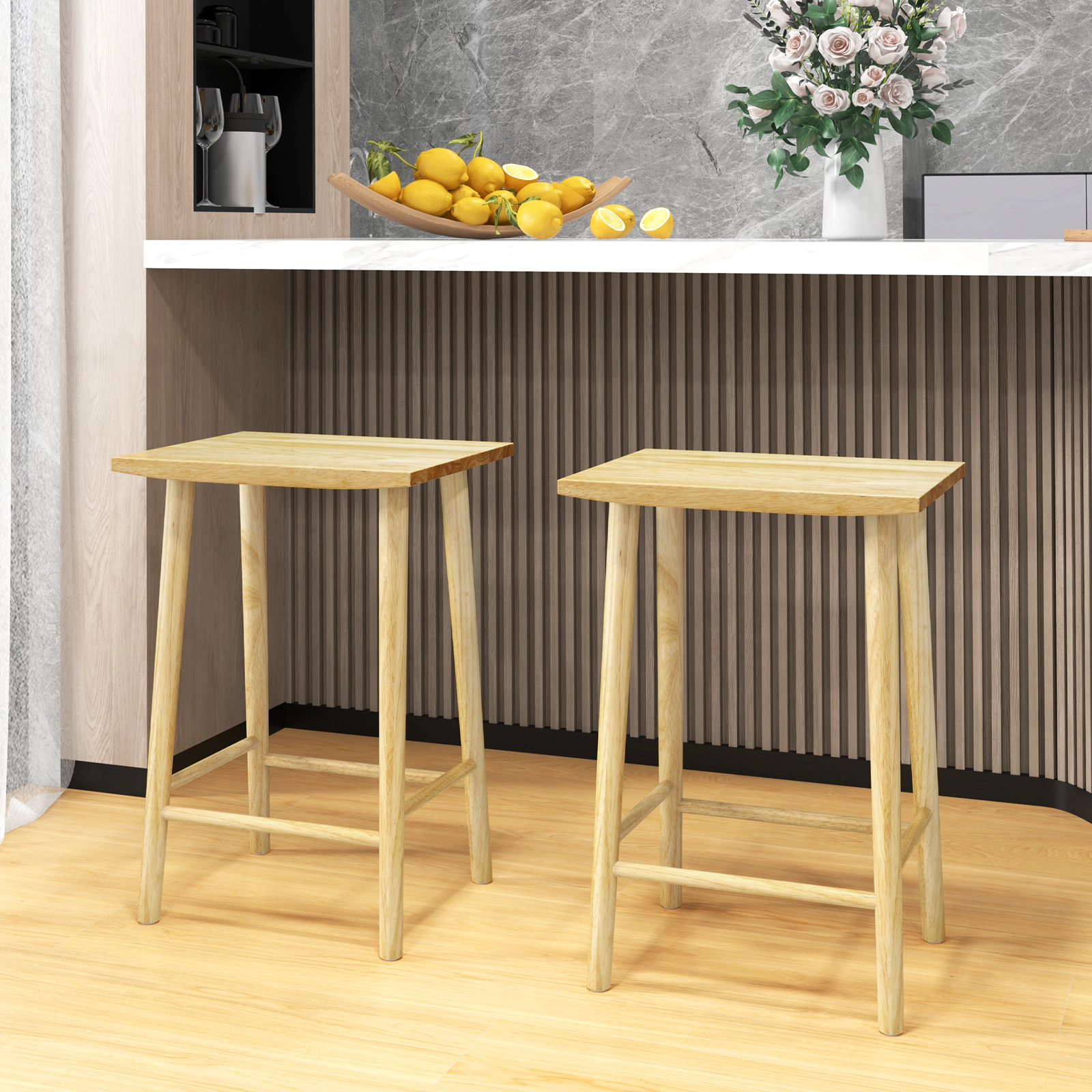 SUGIFT Solid Rubber Wood Counter Height Bar Stools Set of 2 with Footrest 350-lb Capacity Natural