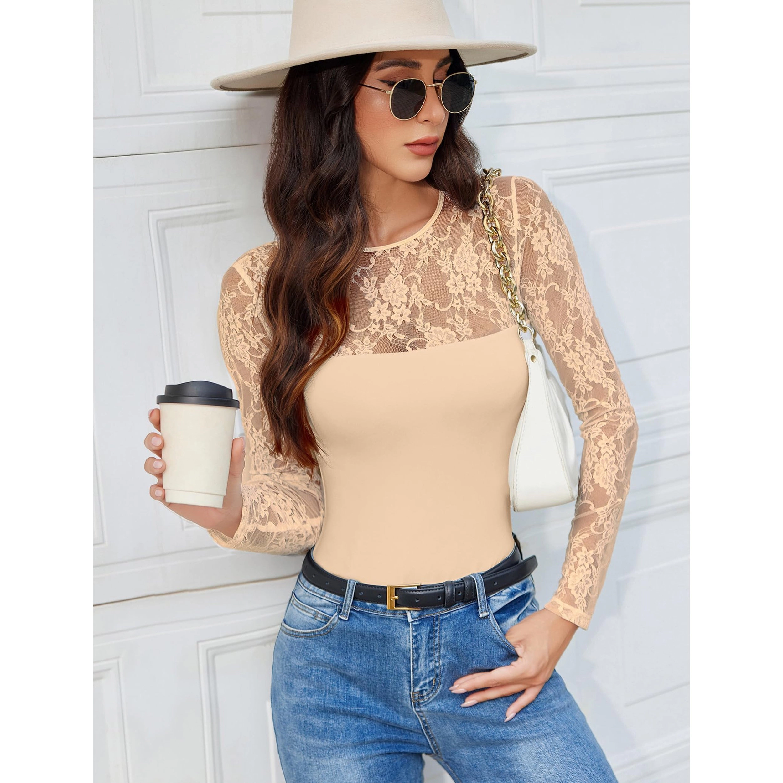 Avidlove Women's Lace Crew Neck Long Sleeve Bodysuit