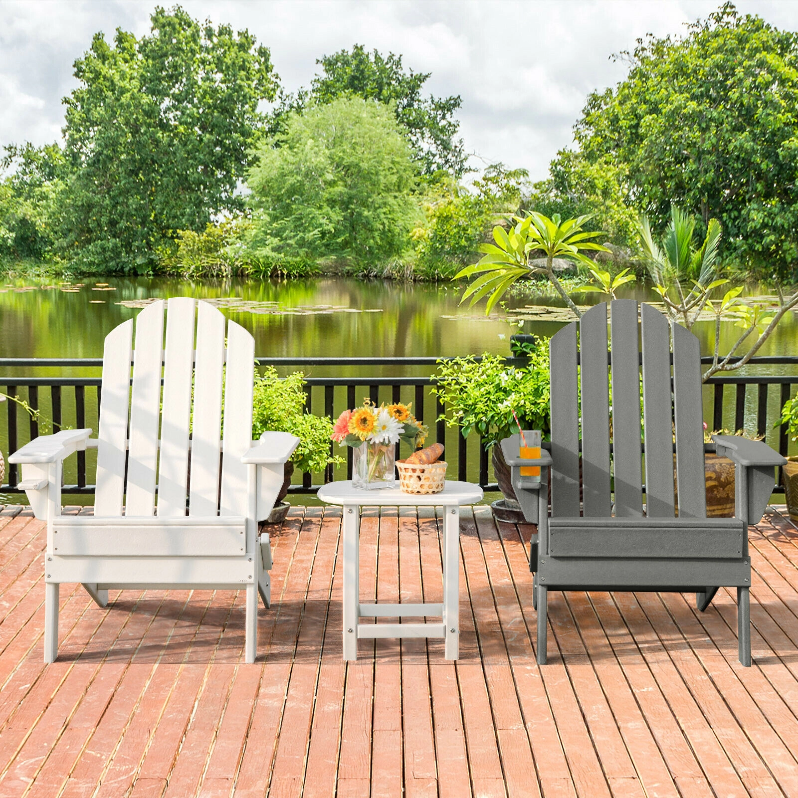 SUGIFT Foldable Weather Resistant Adirondack Patio Chair Built-in Cup Holder 330-Lb Capacity Gray Black Turquoise White