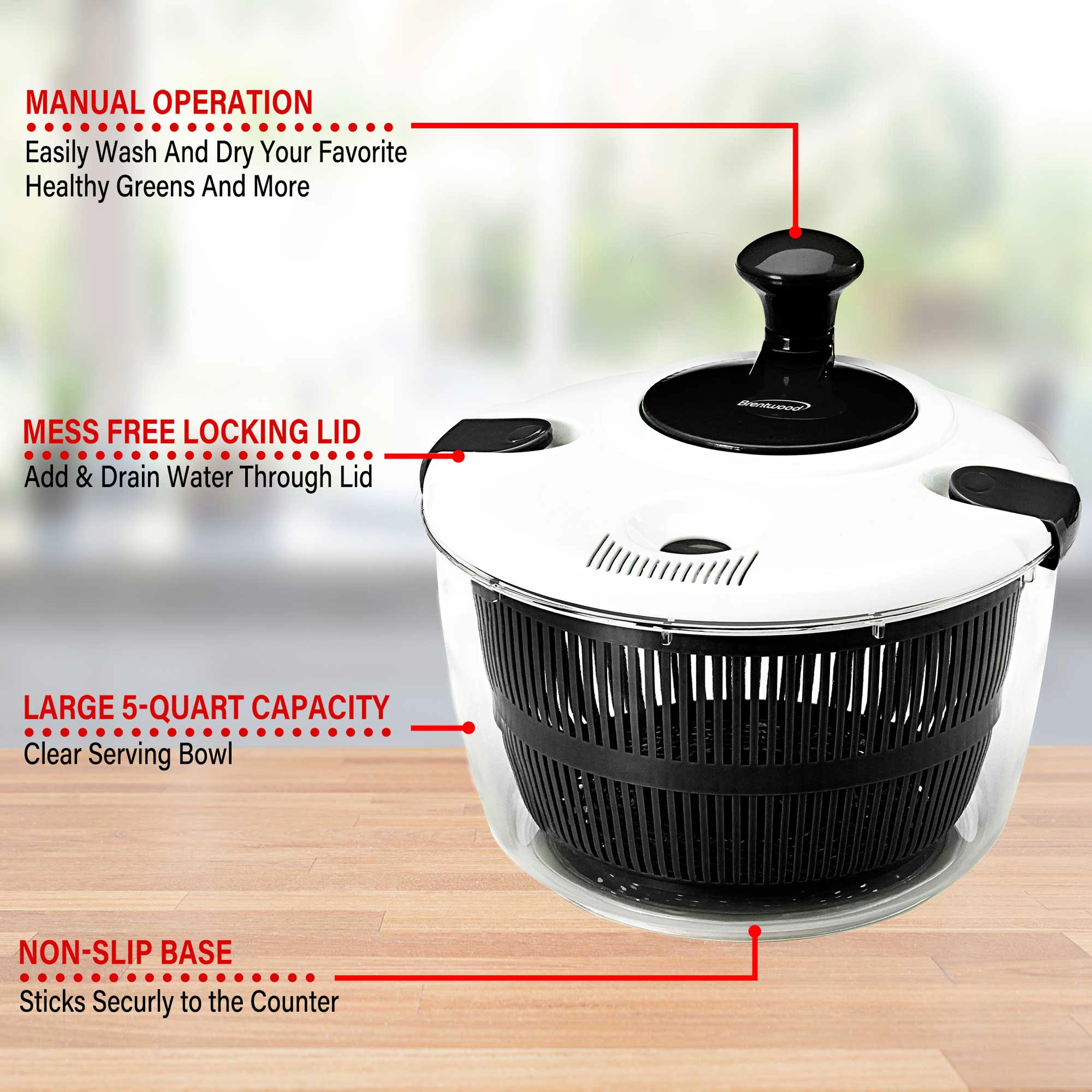 Brentwood 5 Quart Salad Spinner Black with Serving Bowl