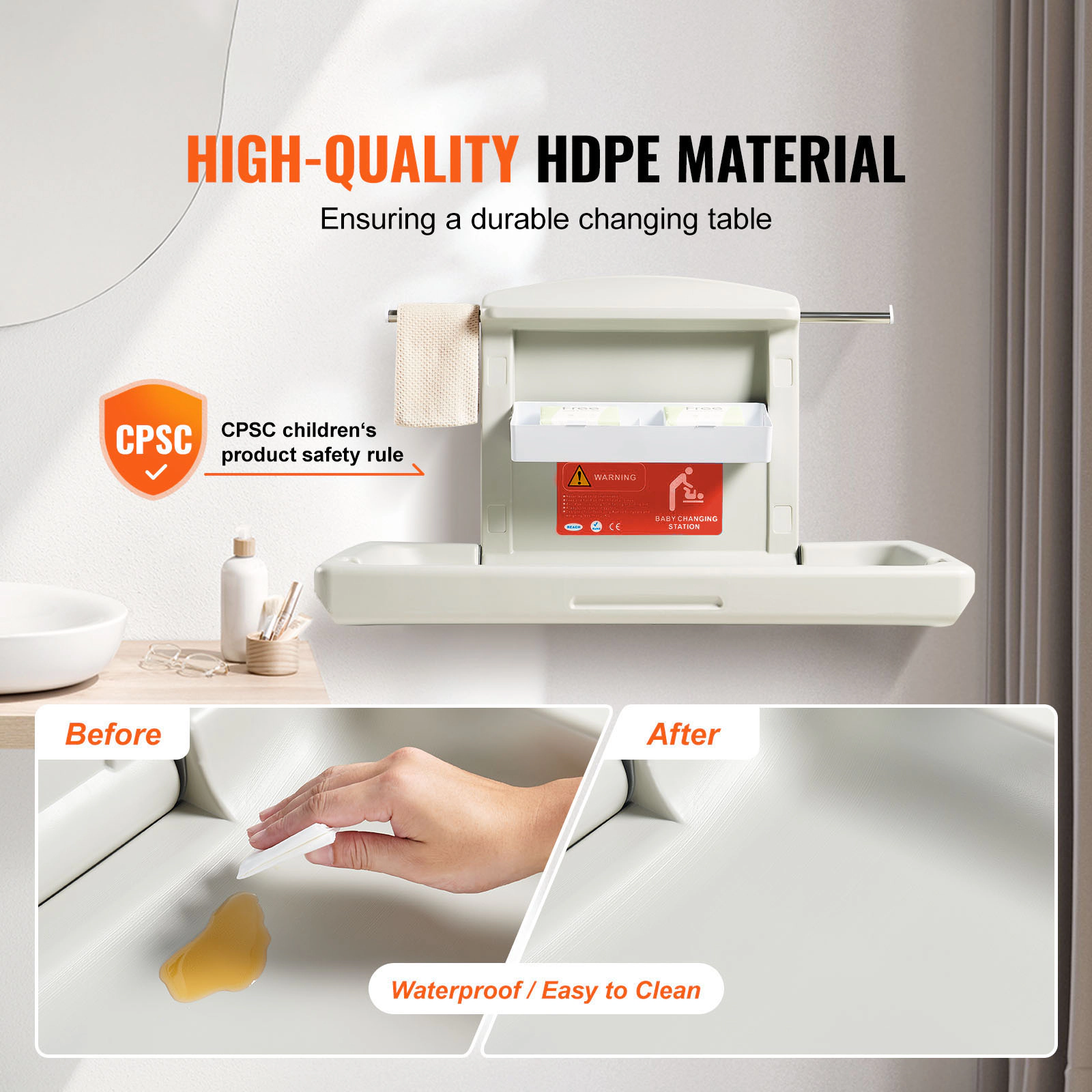 HONGGE Wall-Mounted Baby Changing Station with L-Shaped Fold, Safety Strap, for Commercial Bathrooms & Daycares