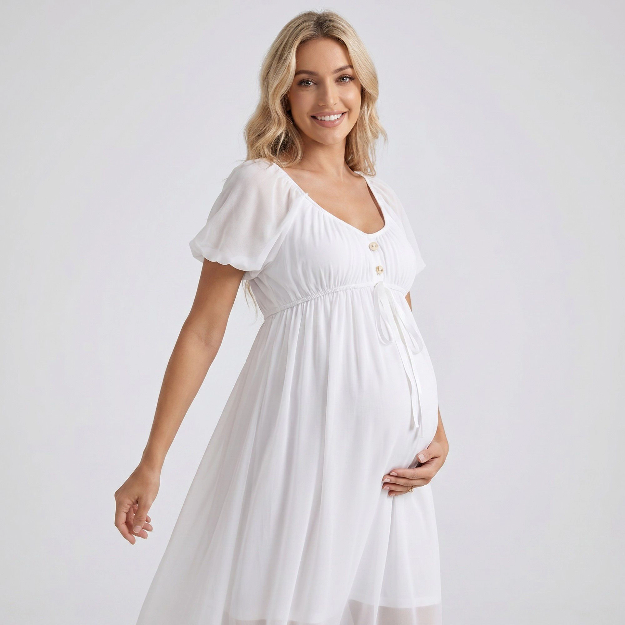 Anna-Kaci Women's Puff Sleeve Button Front Tie Detail Maternity Maxi Dress