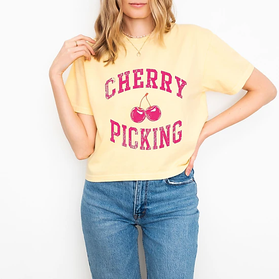 Simply Sage Market - Cherry Picking Varsity Arched - Women's Boxy Crop Top Graphic T-Shirt