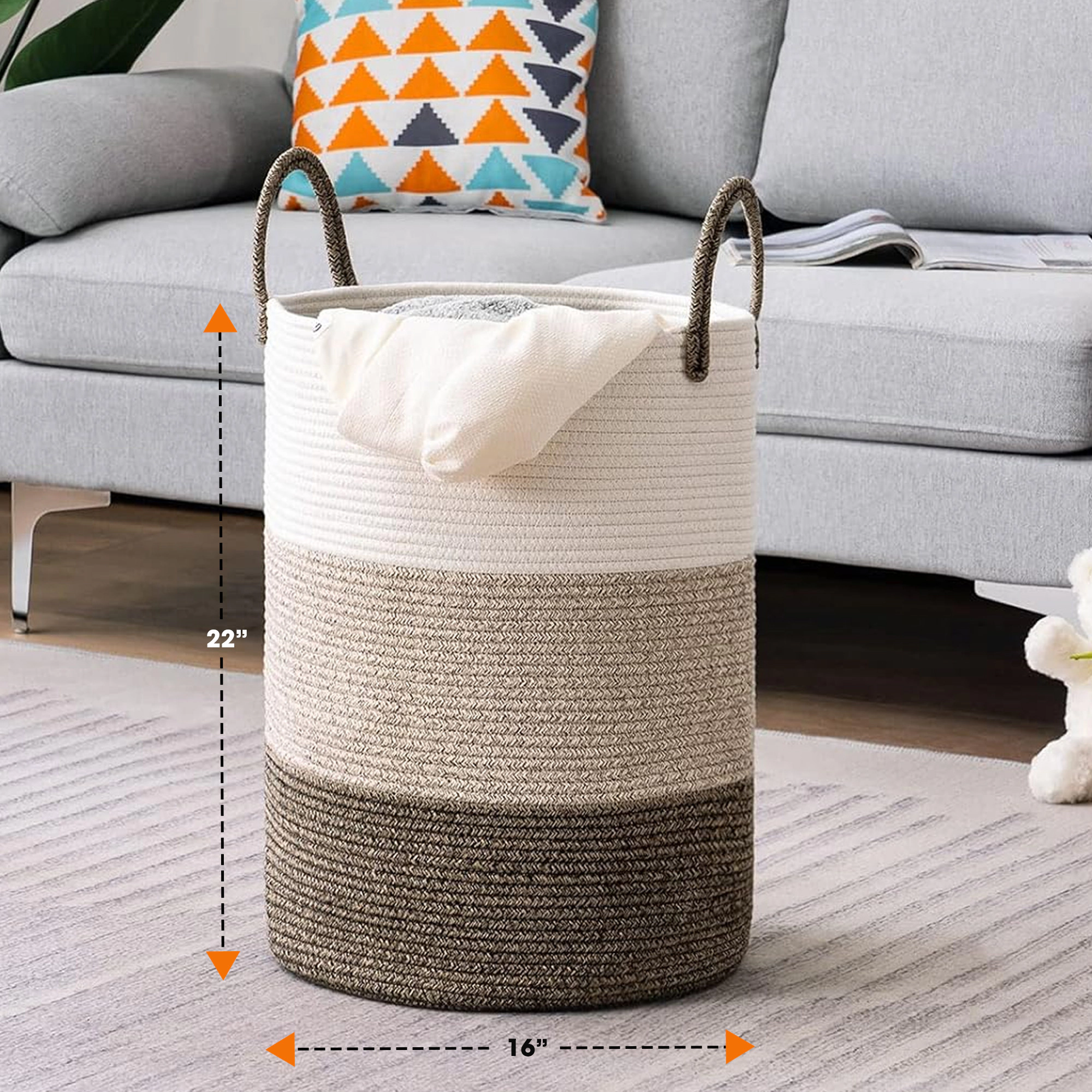 Cheer Collection Large Cotton Rope Laundry Hamper with Handles, 16 x 16 x 22 Inch