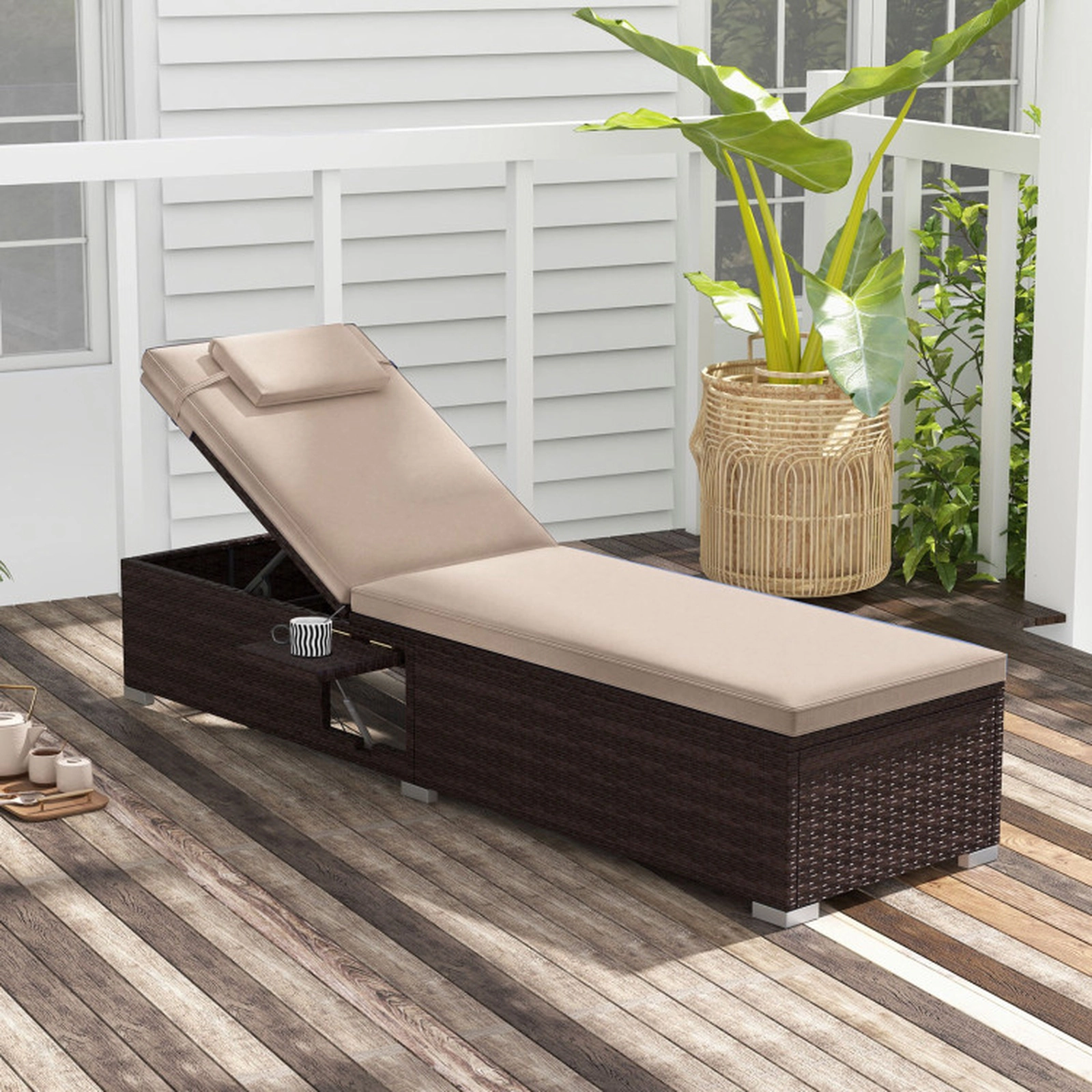 SUGIFT Outdoor PE Rattan Chaise Lounge with 6-Position Adjustable Backrest and Side Table 400-Lb Capacity Mix Brown
