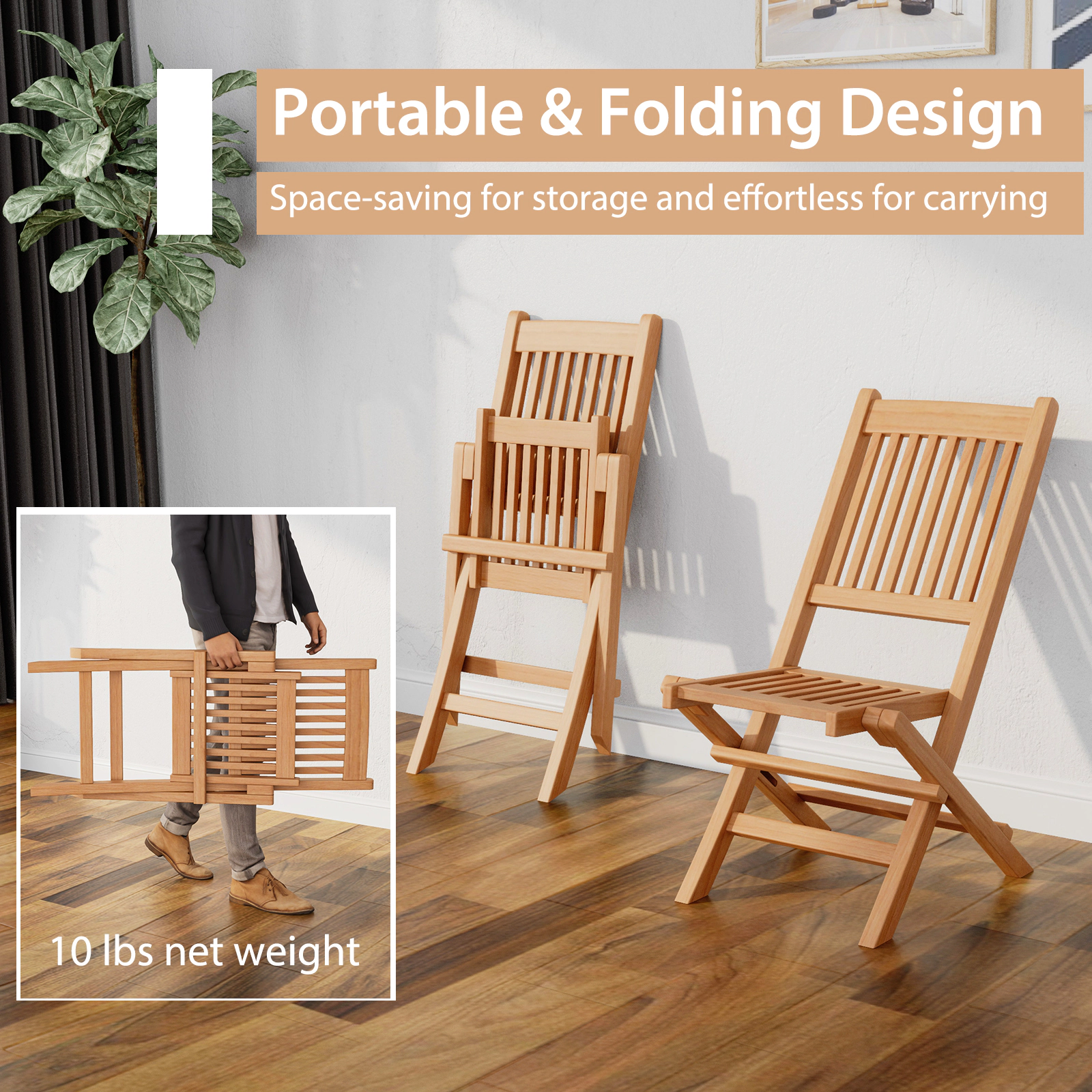 SUGIFT 3 Piece Teak Wood Bistro Set Natural with Folding Round Table and 2 Chairs