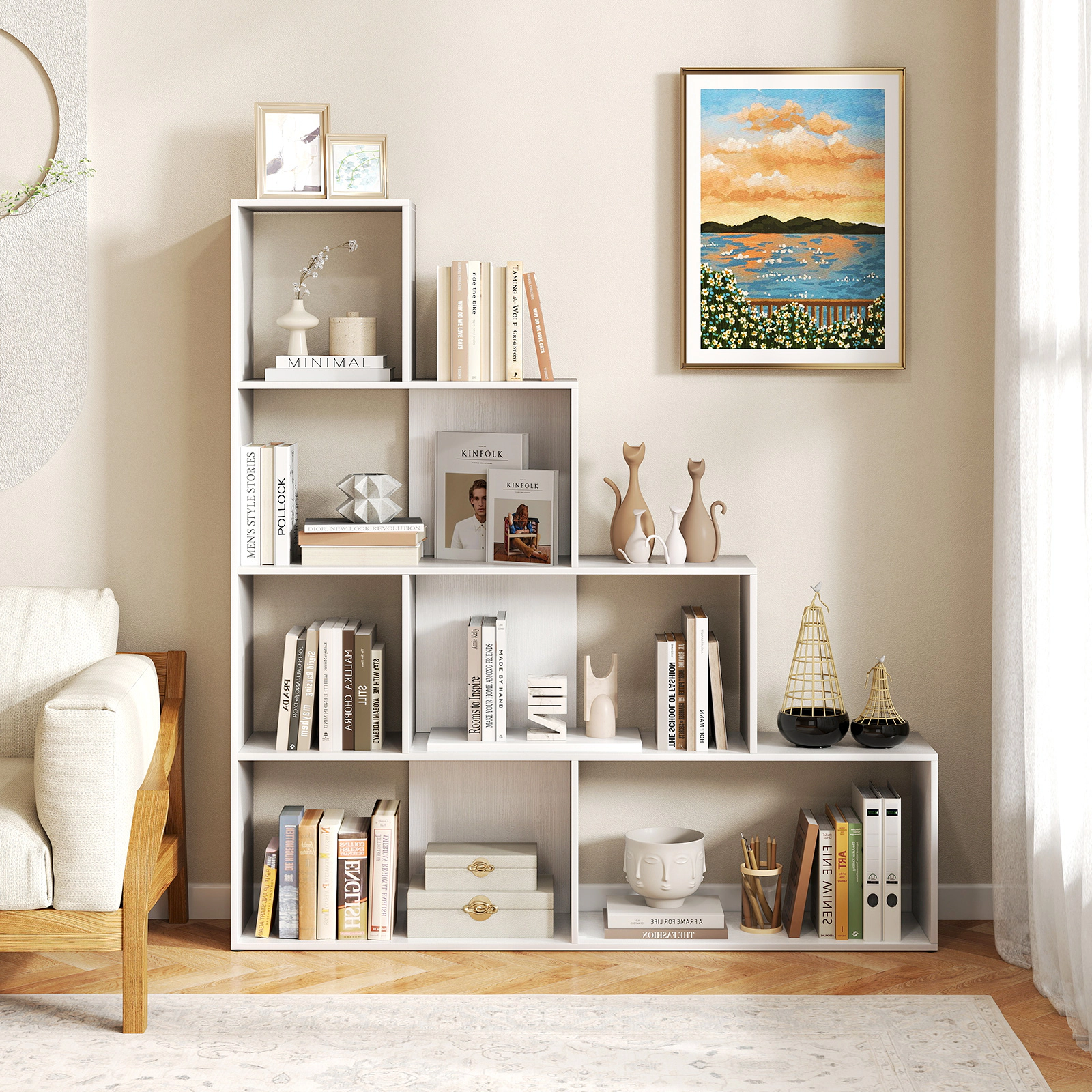 SUGIFT White 4-Tier Stair Bookcase with 6 Cubes and Stepped Display Design