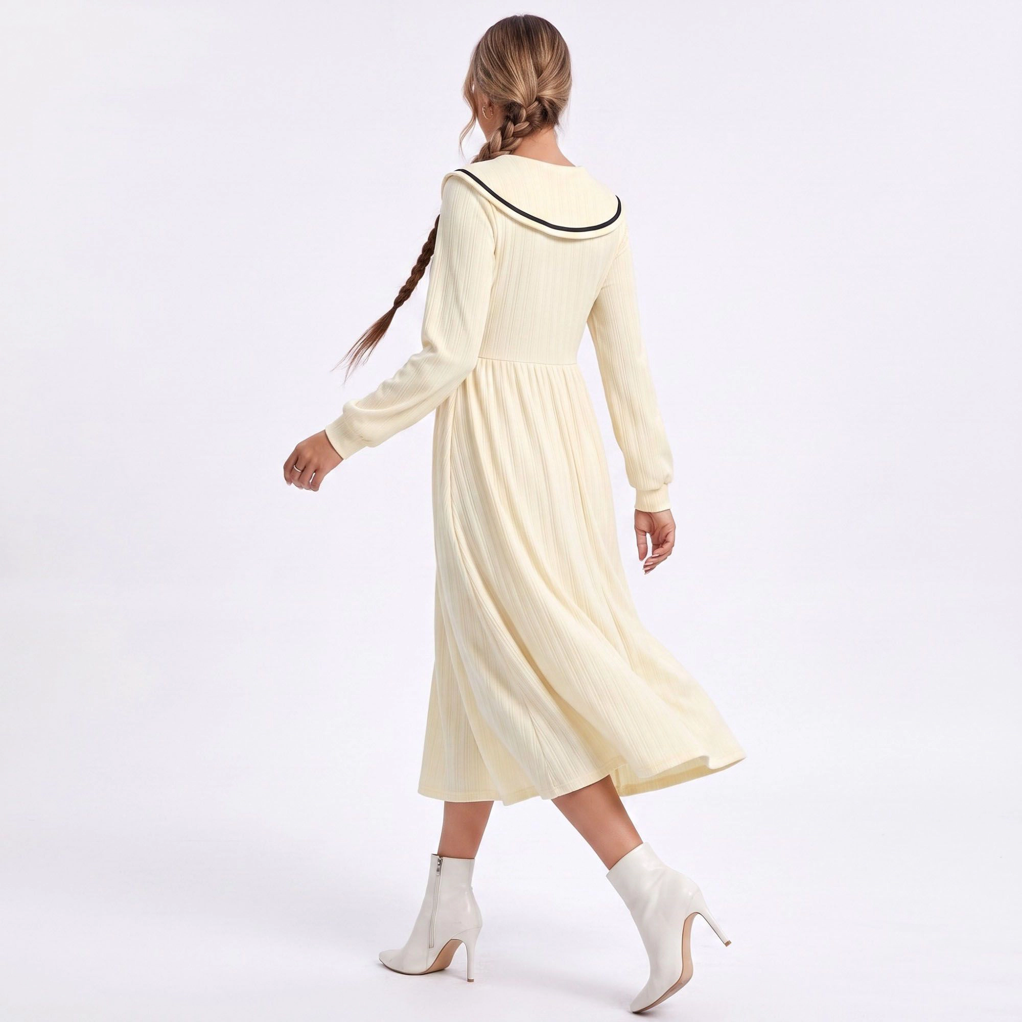 Anna-Kaci Women's Cream Sailor Collar Long Sleeve Button Front Fit Flare Midi Dress