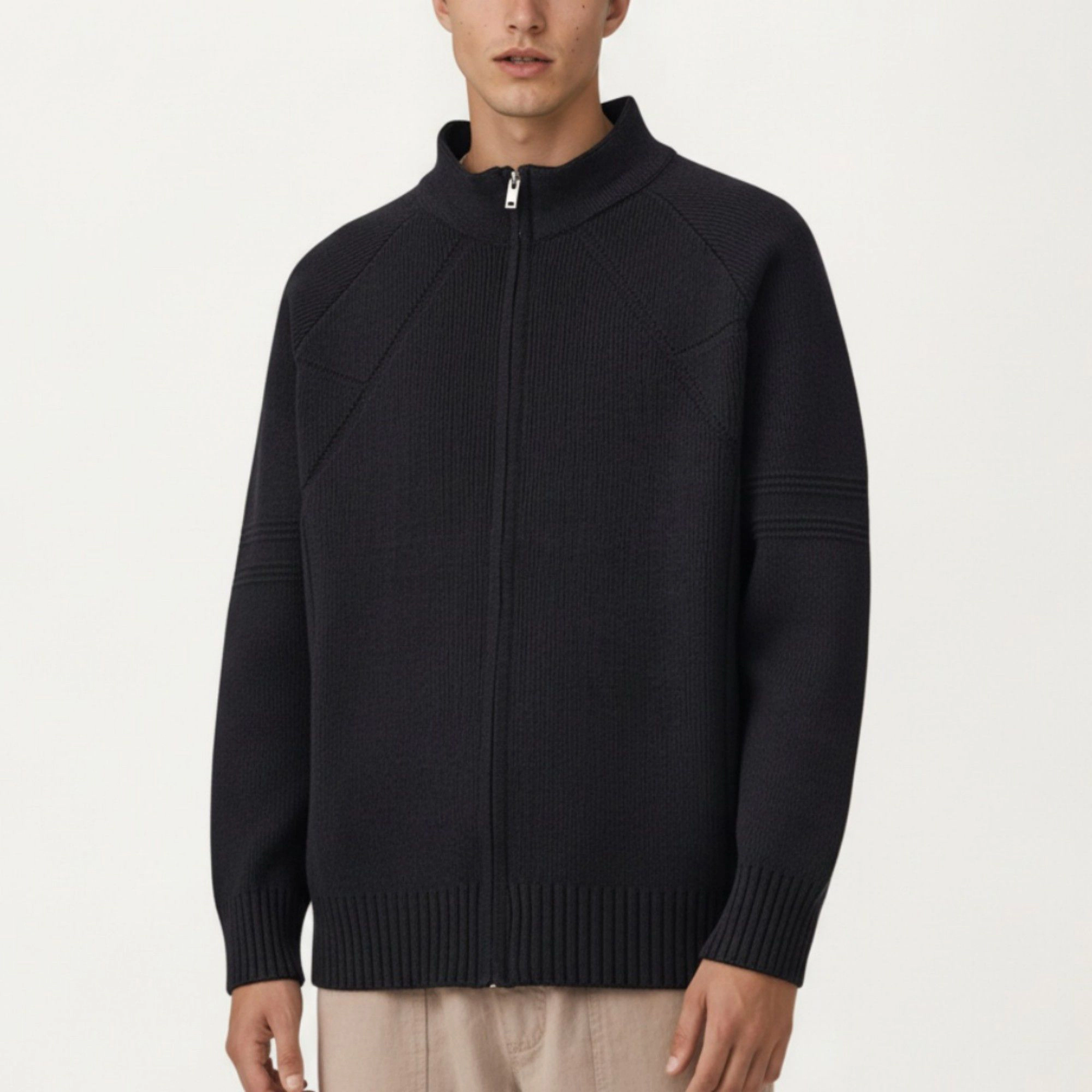 Anna-Kaci Men's Long Sleeve Full Zip Knit Sweater Jacket with Stand Collar Ribbed Trim and Relaxed Fit
