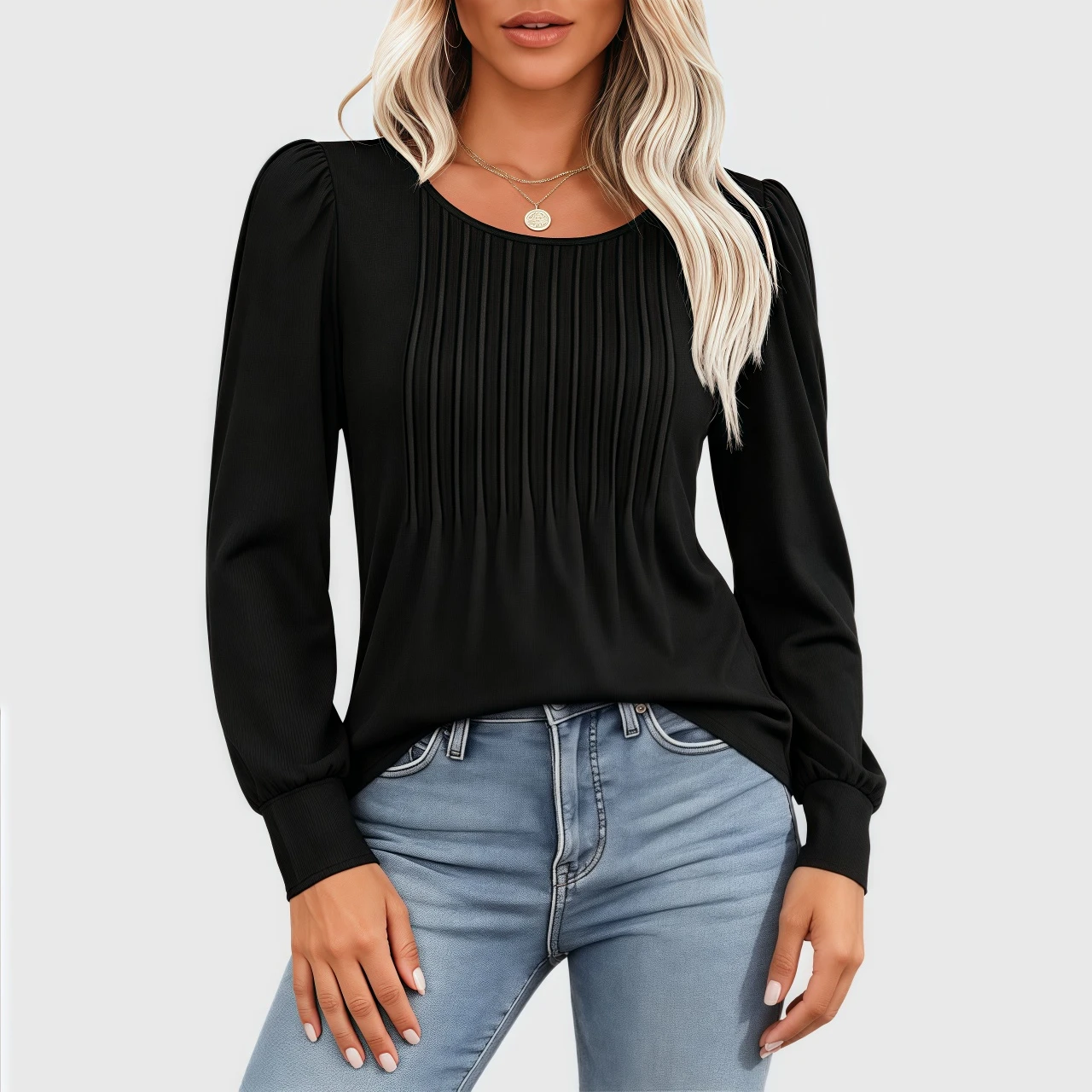 YesFashion Women's Long Sleeve Shirts Casual Pleated Crew Neck Puff Tunic Dressy Blouses Top