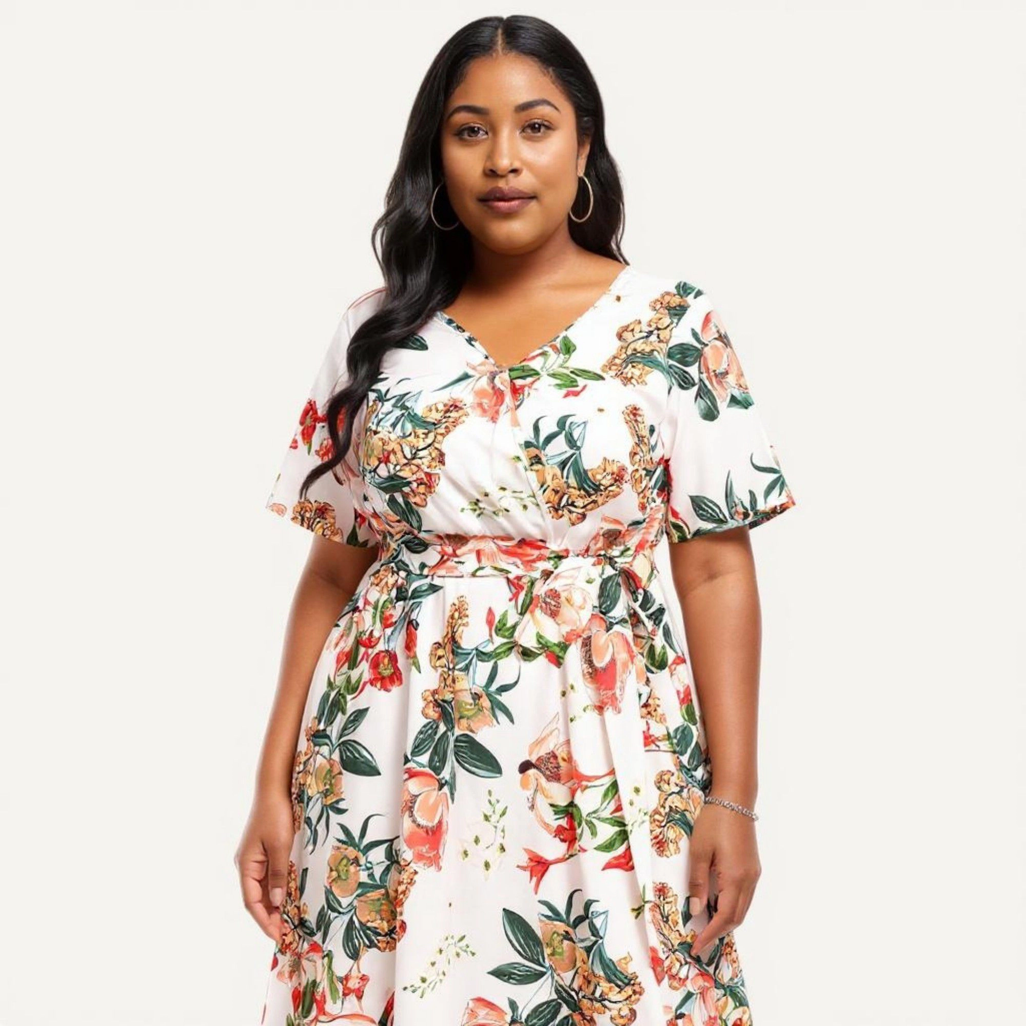 Anna-Kaci Women's Short Sleeve V Neck Floral Print Waist Tie Flowy A Line Long Maxi Dress