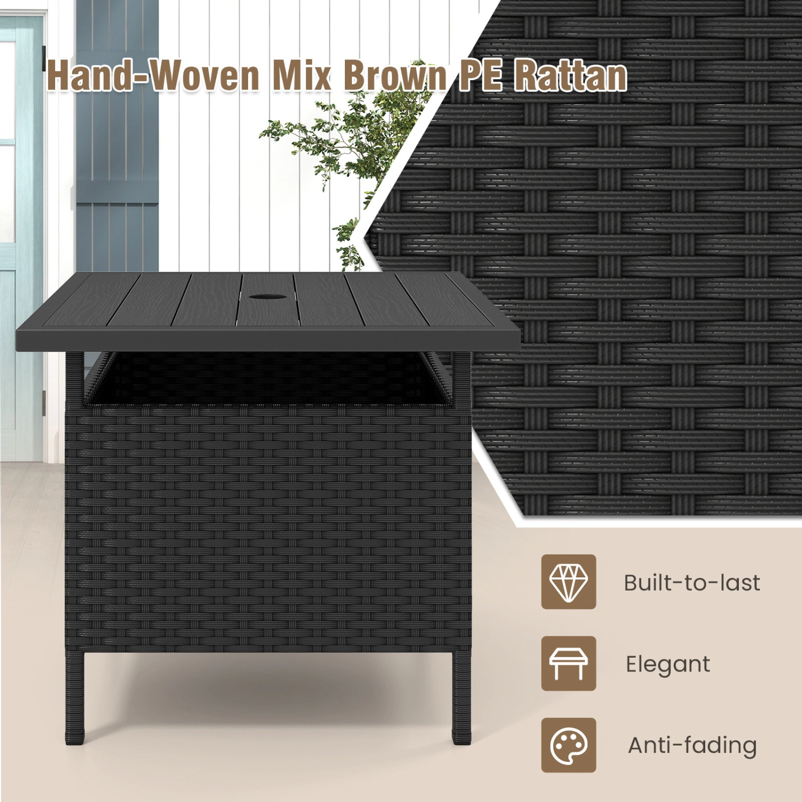 SUGIFT 22 Square Patio Side Table Wicker with 2 Umbrella Hole and Storage