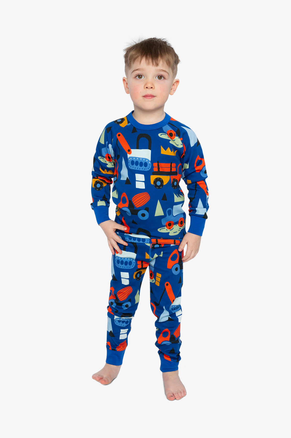 Deux par Boys Organic Cotton Truck Two Piece Pajama Set with Raglan Sleeve Top and Waist Pants