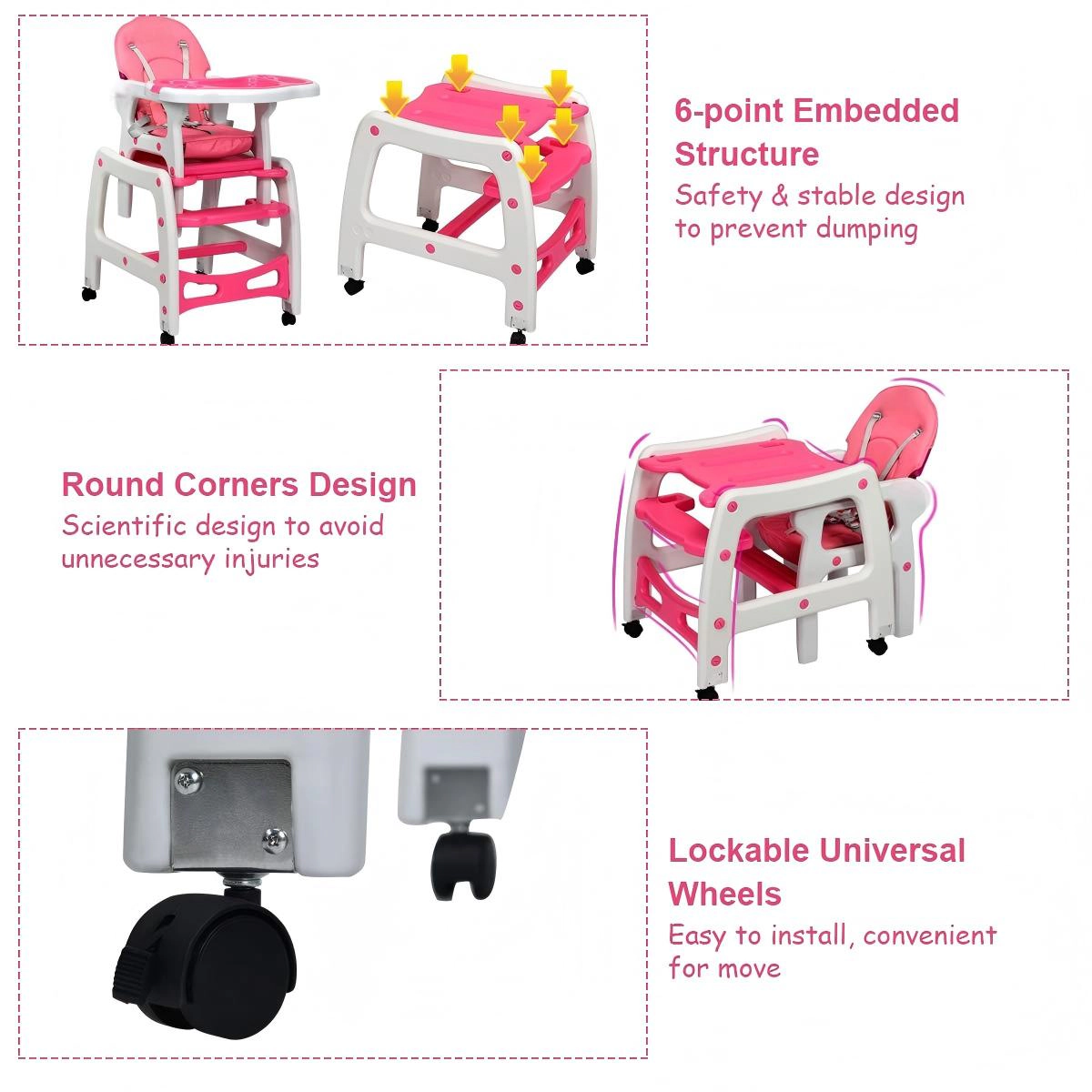SUGIFT Pink Lockable Universal Wheels Rocking Base and Toddler Table 3-in-1 Baby High Chair