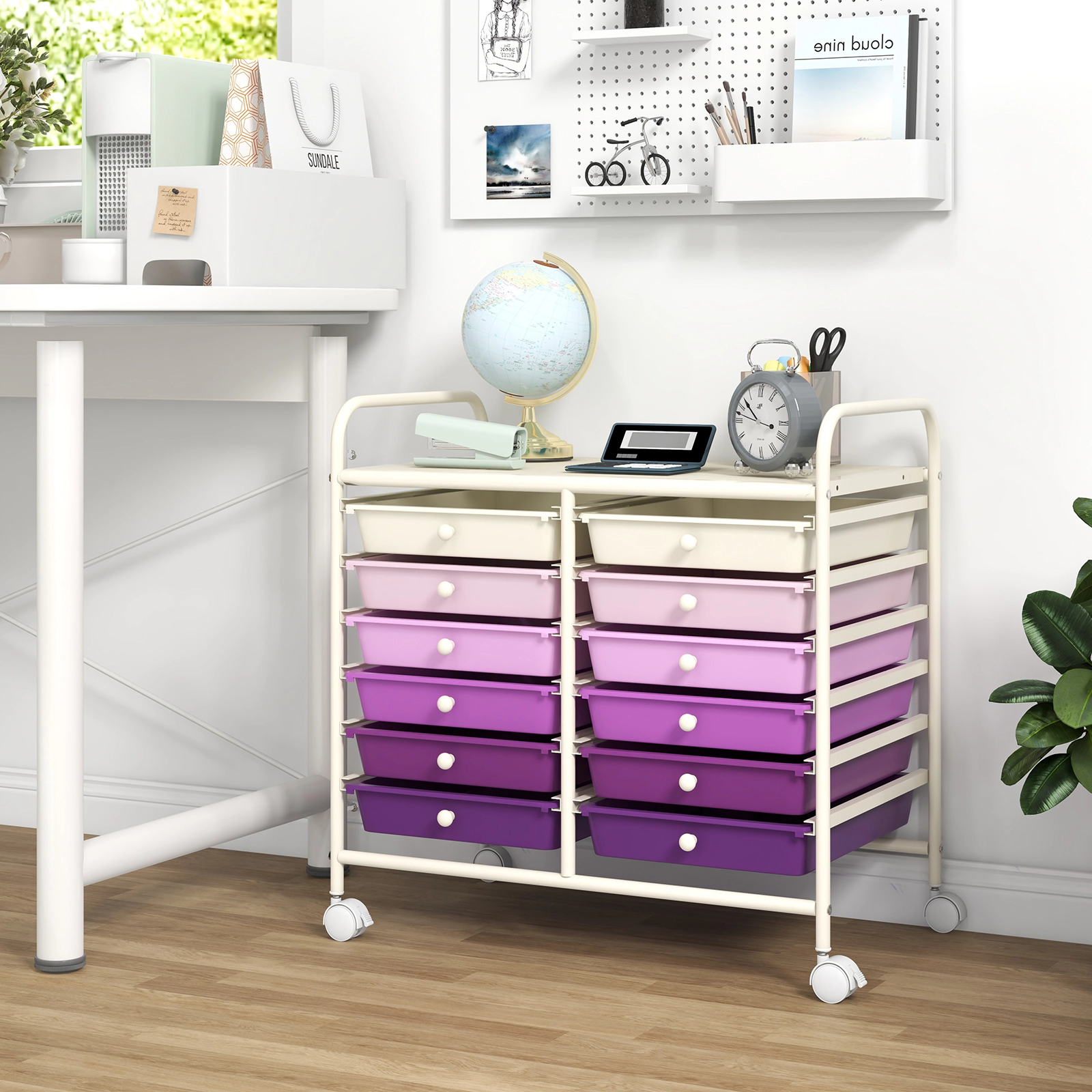SUGIFT Purple 12-Drawer Rolling Cart Organizer with Plastic Storage Drawers and Locking Wheels for Office