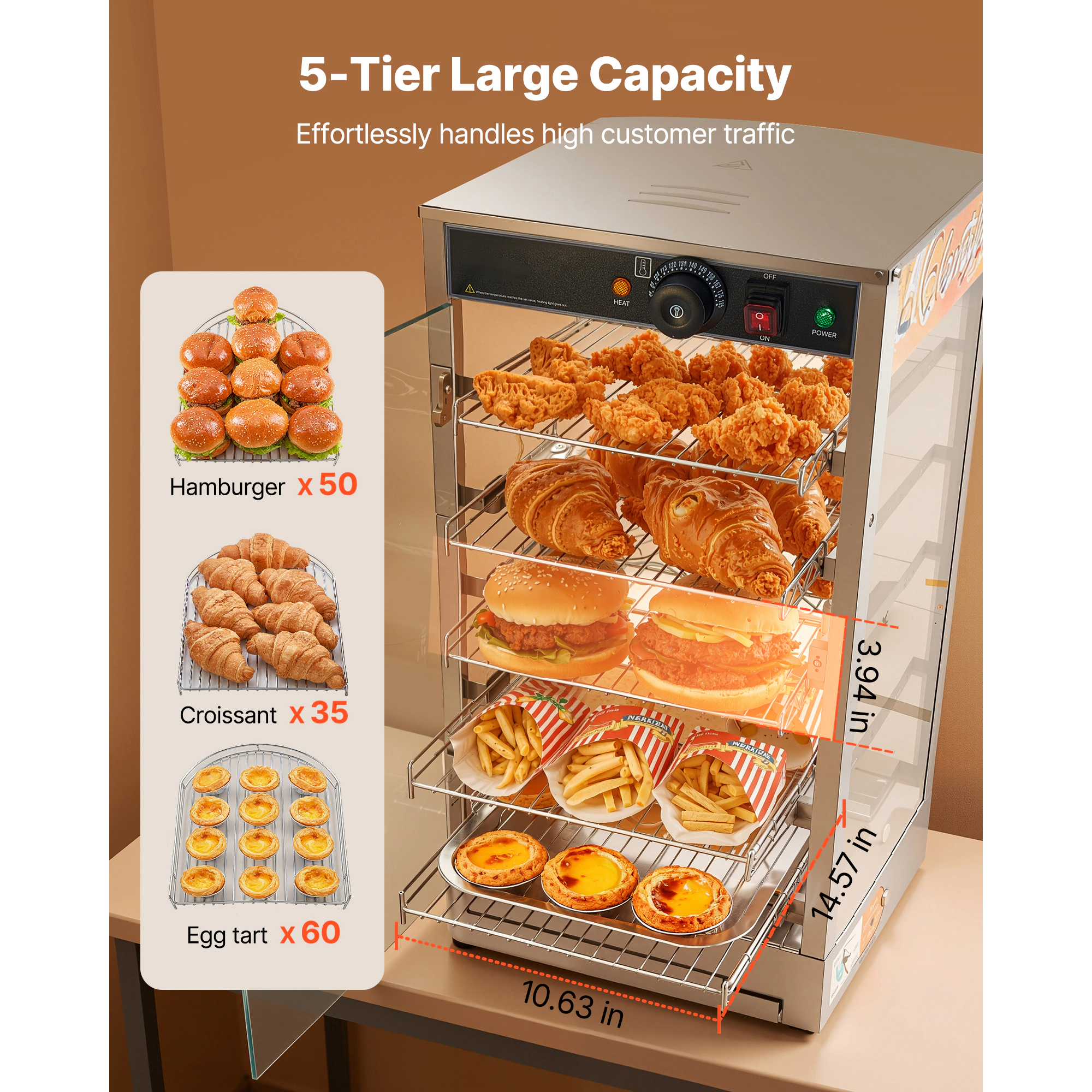 HONGGE Commercial Food Warmer Display 800W Food Display Warmer with LED Light Adjustable Shelf and Stainless Steel