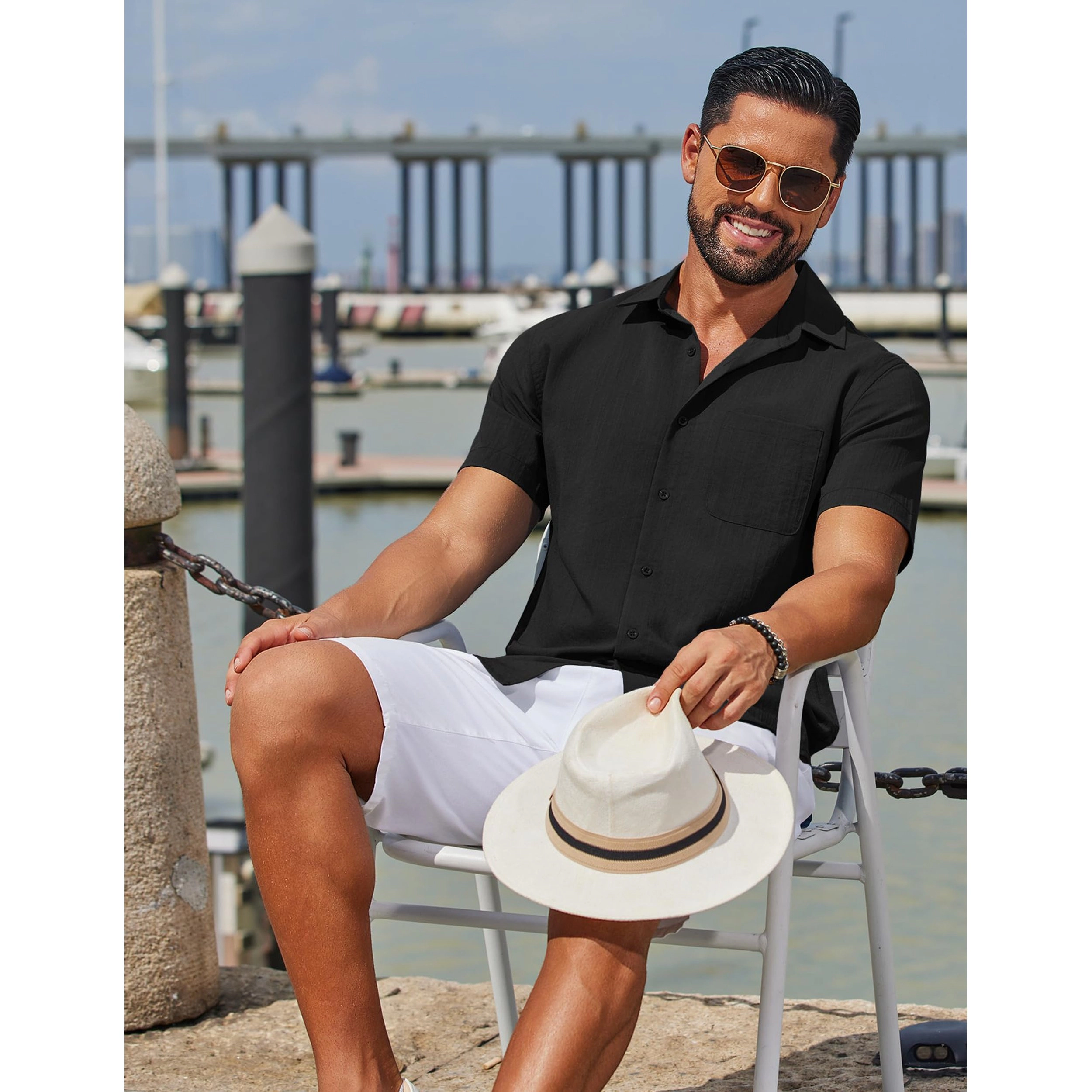 COOFANDY Mens Casual Short Sleeve Button Down Shirt Lapel Collar Pocket  Tops