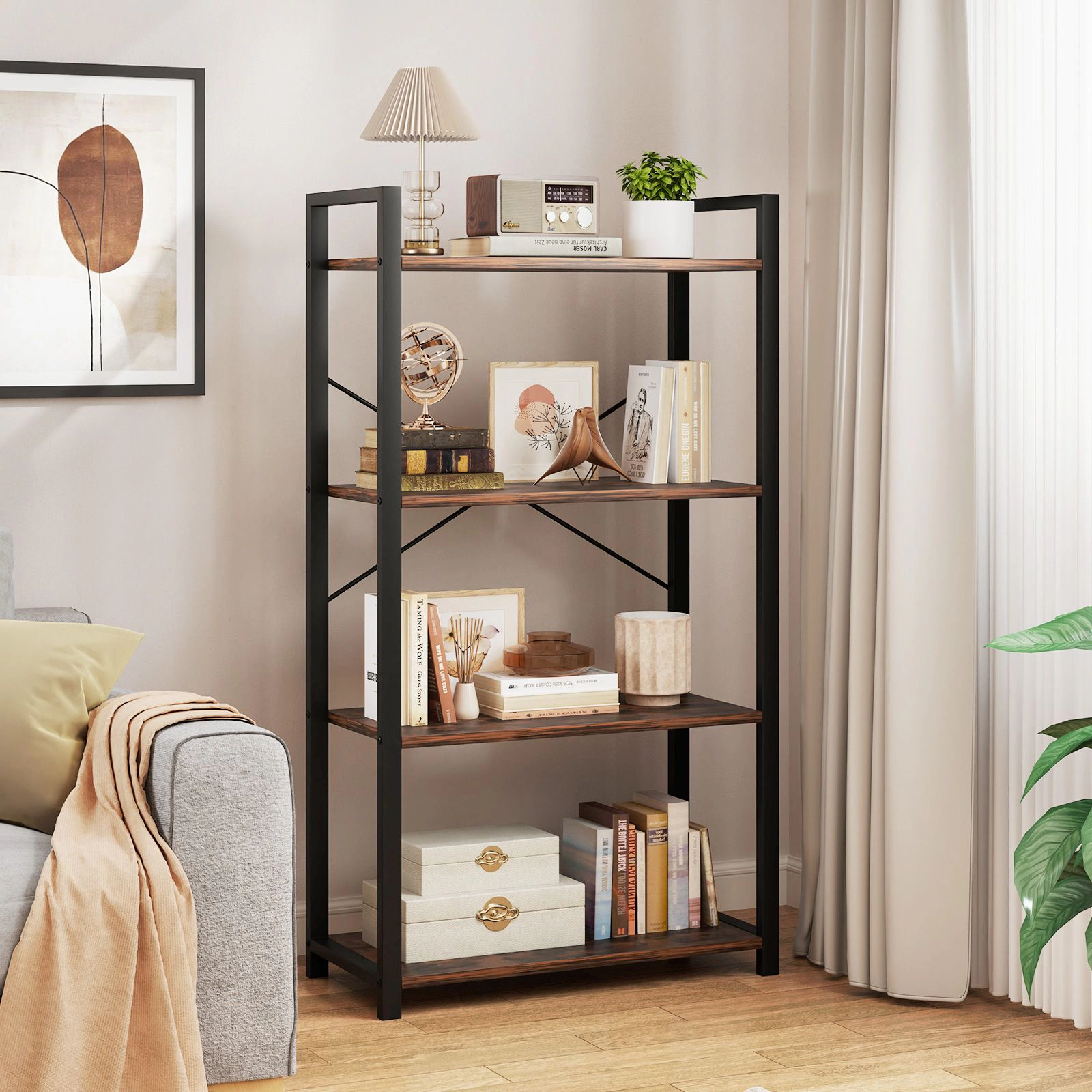 SlickBlue 4 Tier Bookshelf with Metal Frame and Rustic Wood Shelves