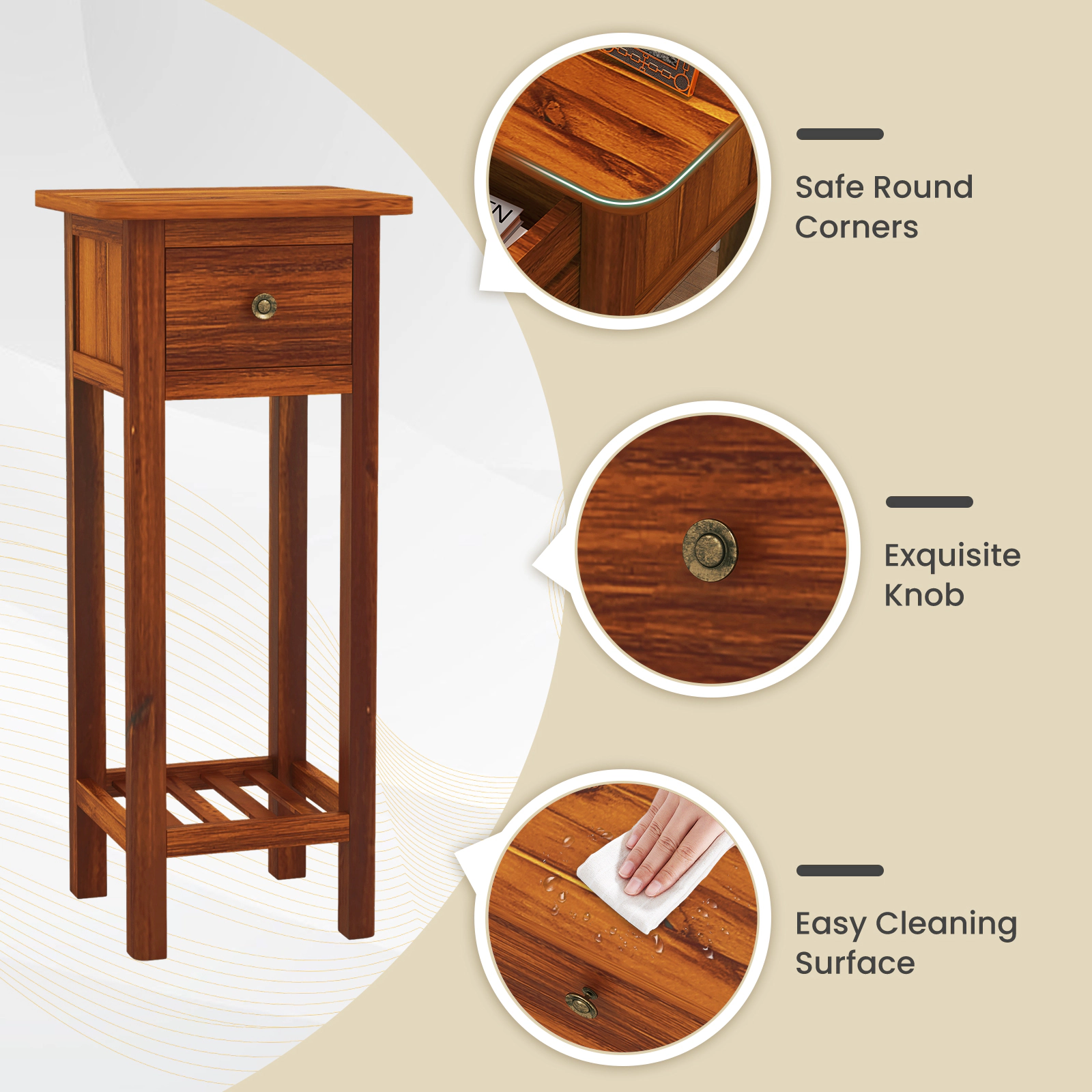 Glintex Fully Assembled Acacia Wood Side Table with 155-Lb Capacity, Natural