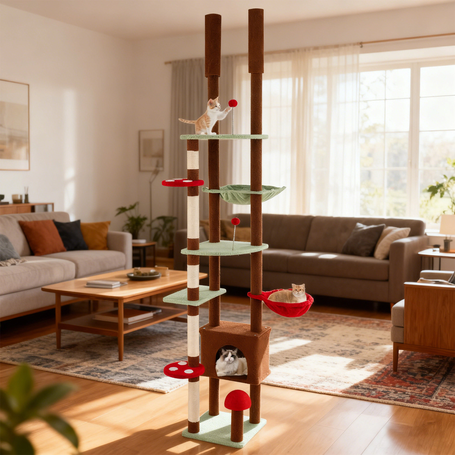 SUGIFT Height Adjustable Floor to Ceiling Cat Tree with Condo Hammock & Basket 22-lb Tiers 11-lb Hammock & Basket Brown