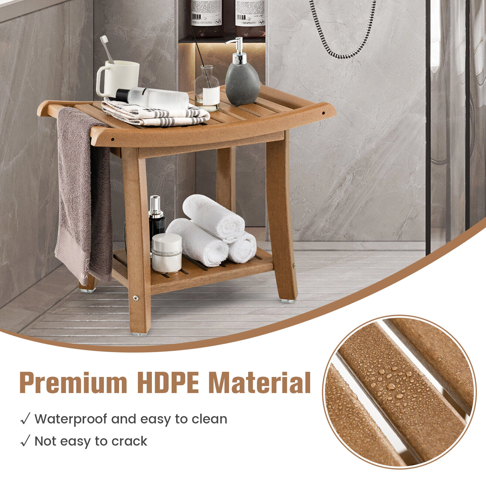 SlickBlue Bathroom Shower Stool Bench with Side Handles and Shelf