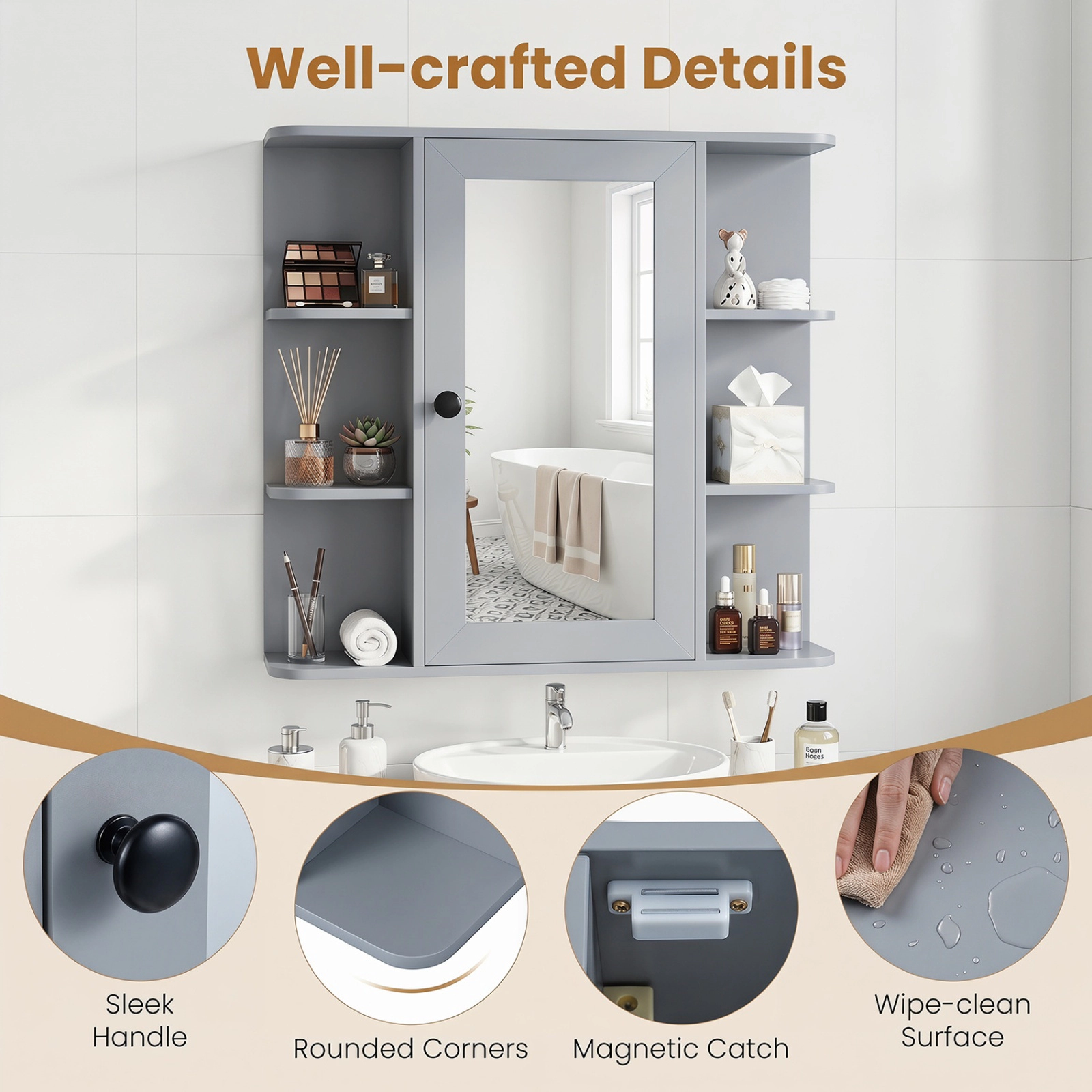 SUGIFT Mirrored Door 3 Compartments 6 Open Shelves Wall Bathroom Medicine Cabinet 26-in x 6.5-in x 25-in 120-lb Gray