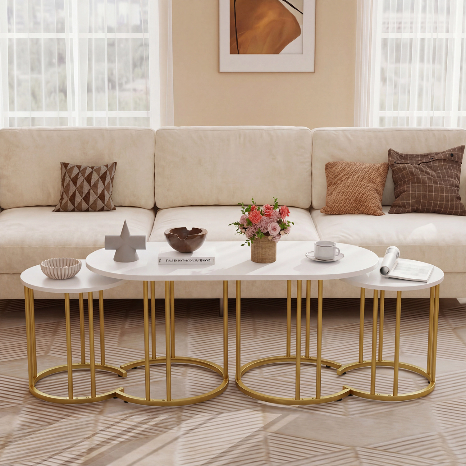 Glintex 3-Piece Nesting Coffee Table Set with Faux Marble Tops and Metal Frames, White & Gold