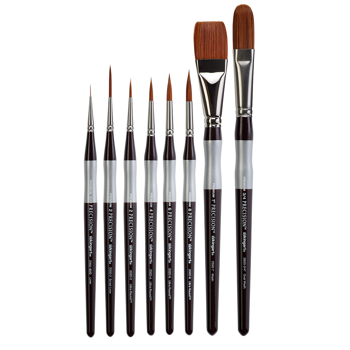 KINGART Precision Amber Taklon Comfort Handle Brush Set - 8 pc