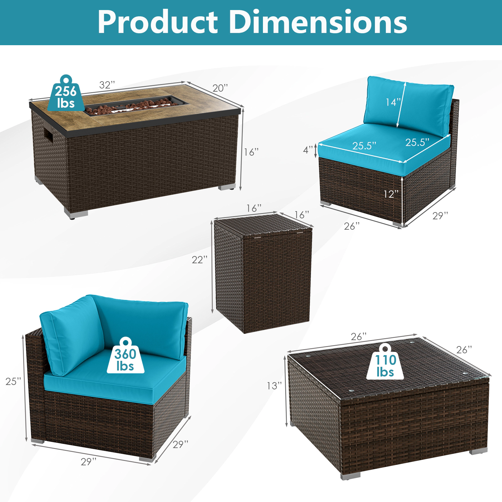 SUGIFT 9-Piece Gray Patio Wicker Sectional Set with 50000-BTU Fire Pit Table 35-in W 330-lb Tabletop Capacity