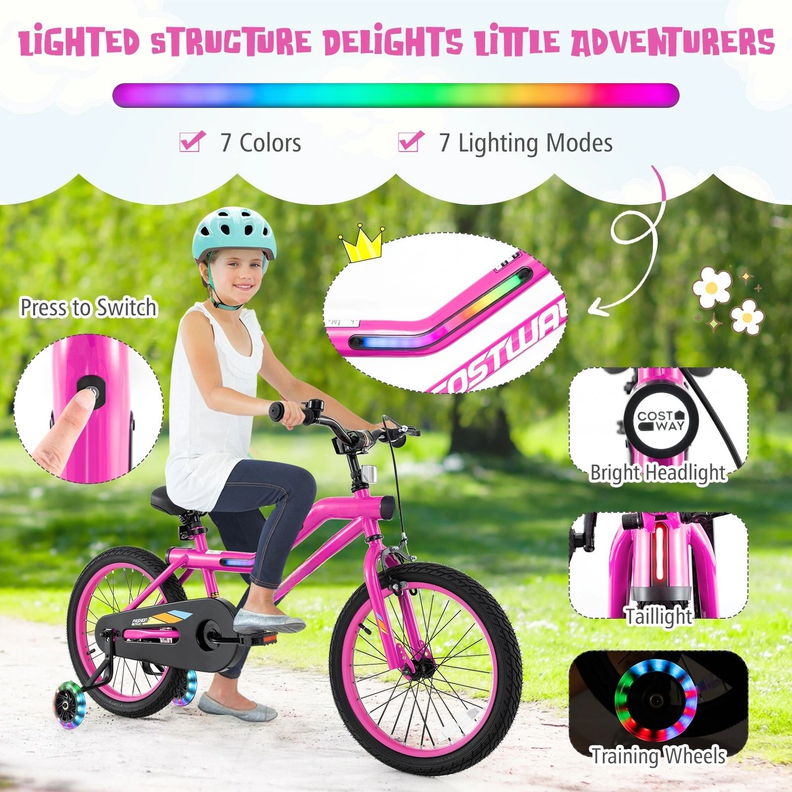 SUGIFT LED Lighted Kids Bicycle with Training Wheels & Headlight 145-lb Capacity Ages 4-8 Pink 18-in Wheels 52.5-in Long