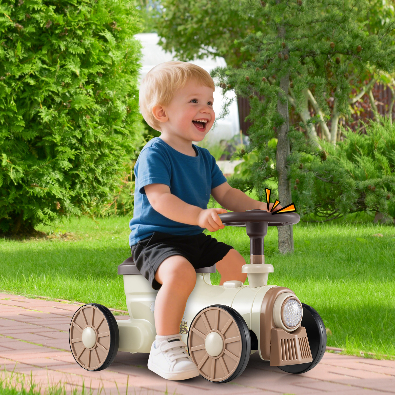Toddler Push Car Sliding Ride On Toy Train Whistle Sound Button 35-Degree Ages 19-36 Months Beige