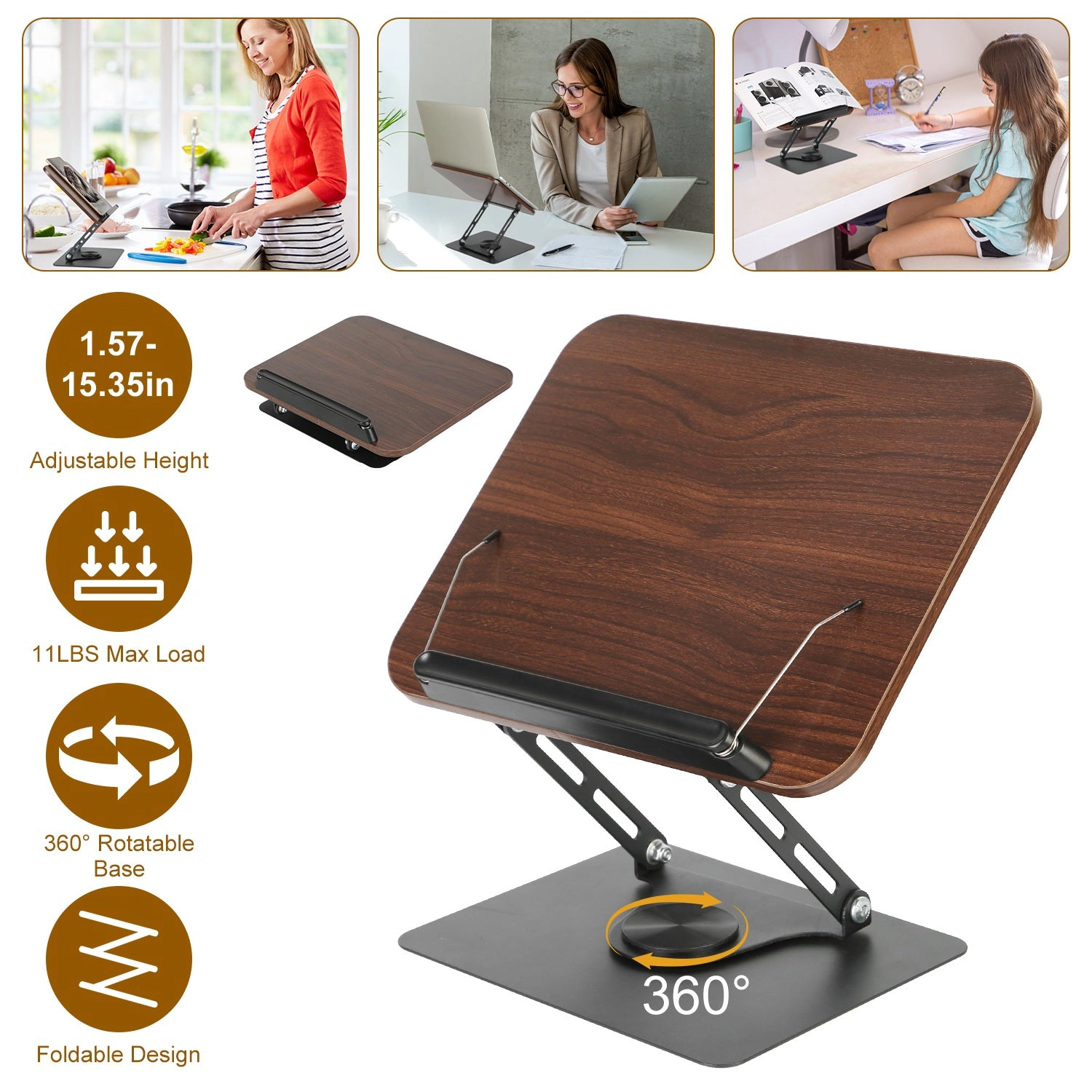 GBruno Adjustable Wood Book Stand With 360° Base