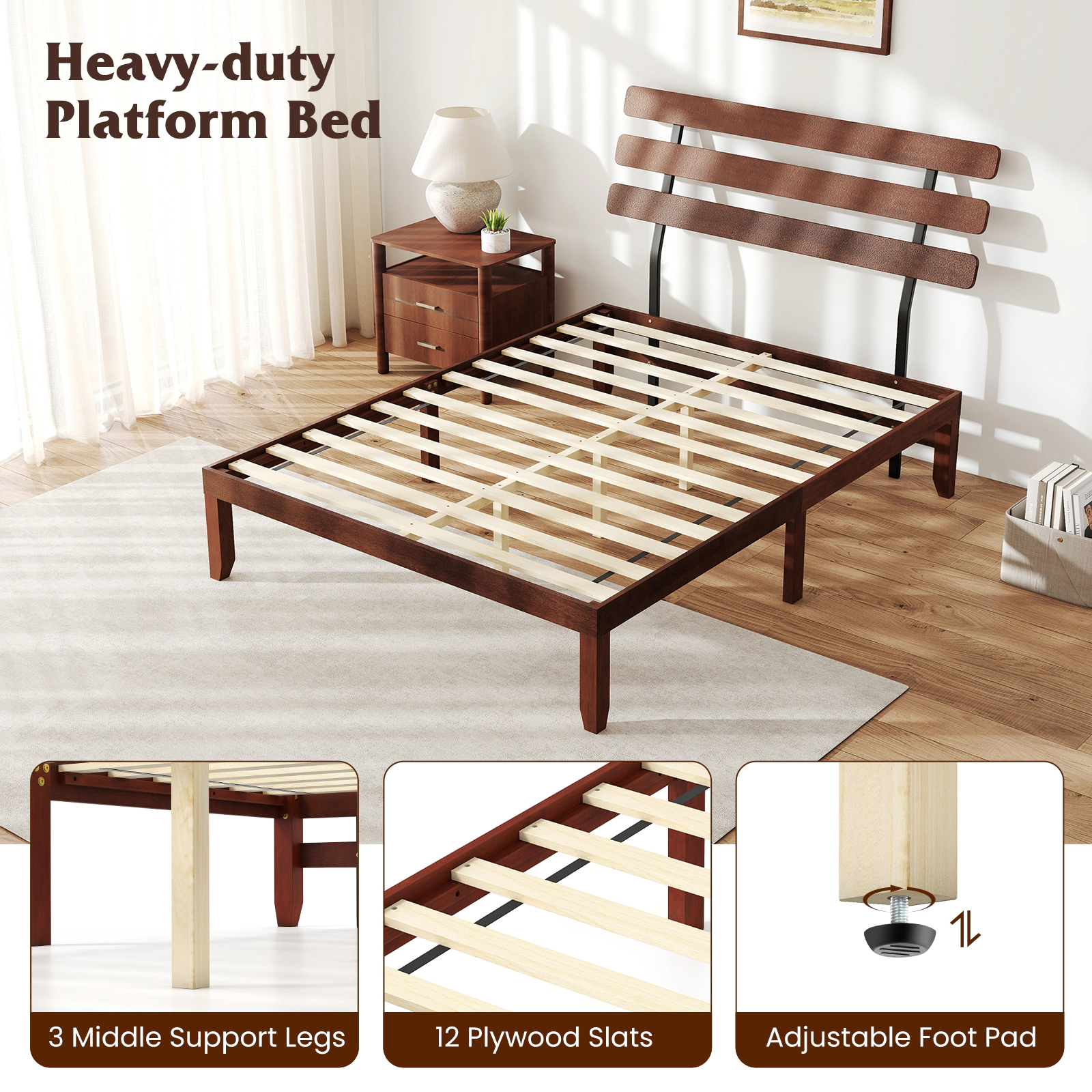 LJG Bed Frame 15.5 Inch Solid Wood Platform Bed with Retro Headboard