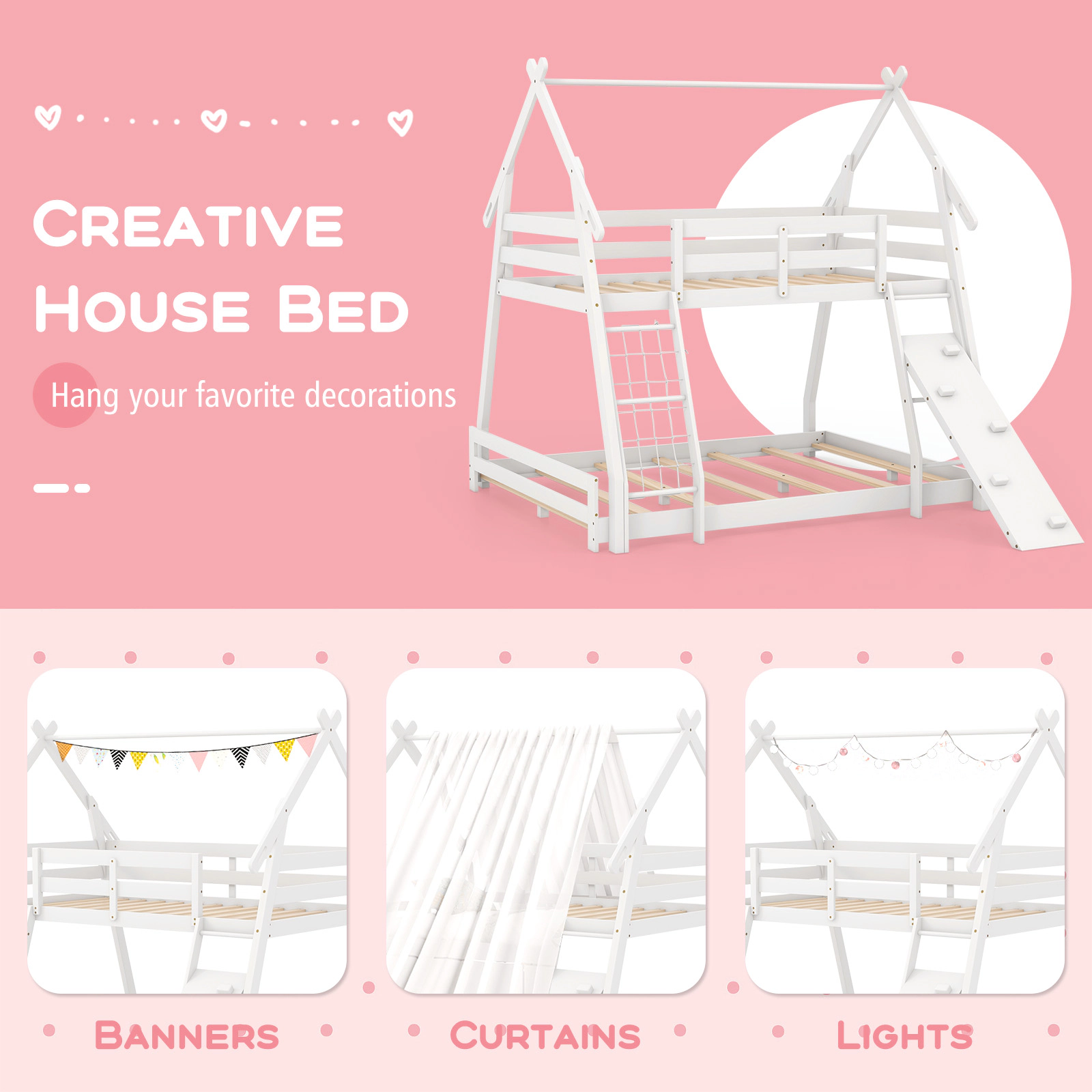 SUGIFT White Climbing Net Ramp and Guardrails Twin Over Queen Kids Bunk Bed