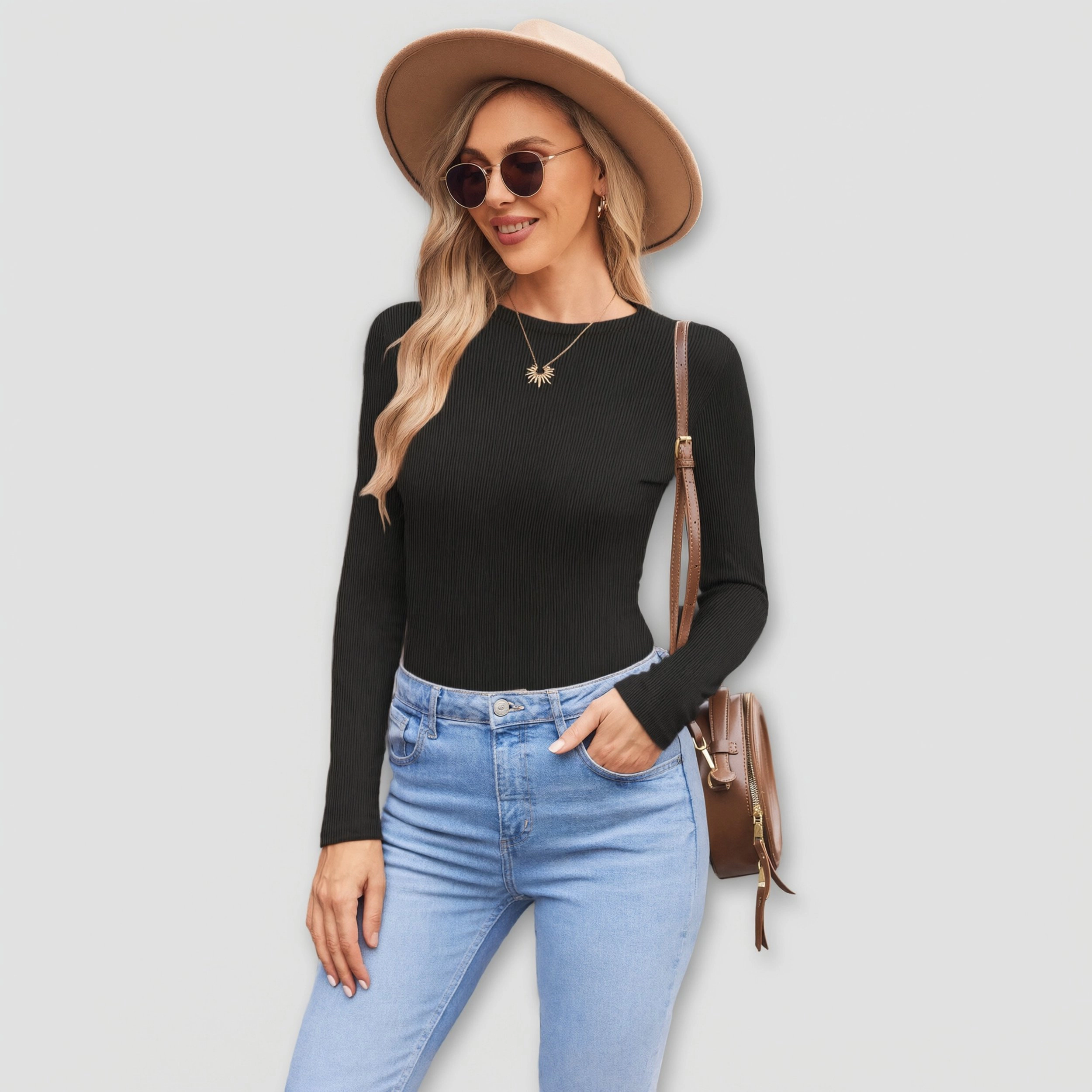 Ekouaer Womens Long Sleeve Shirts Crew Neck Fitted Ribbed Tops Base Layer Thermal Undershirts Tee
