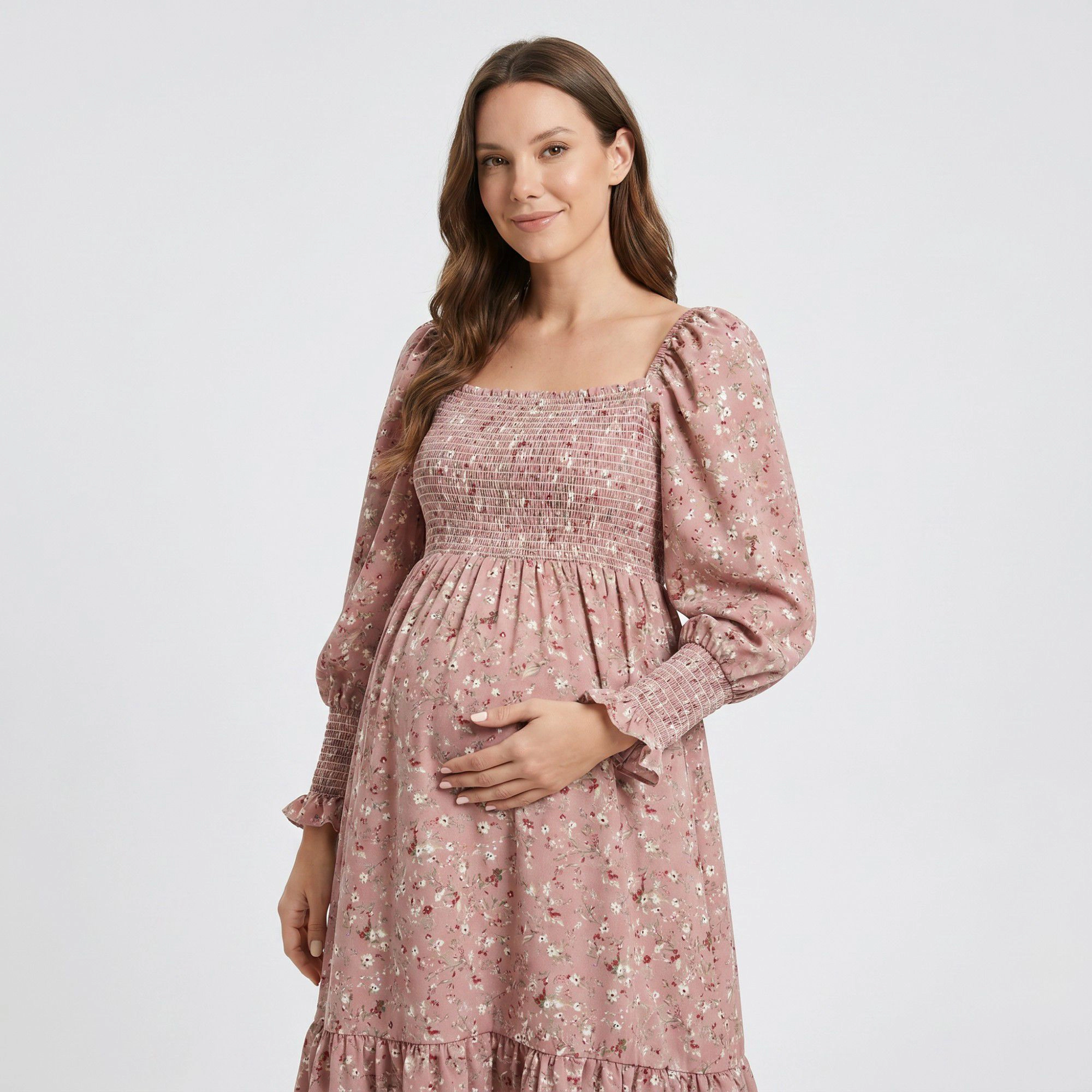 Anna-Kaci Women's Maternity Off Shoulder Floral Smocked Bodice Tiered Hem Midi Dress