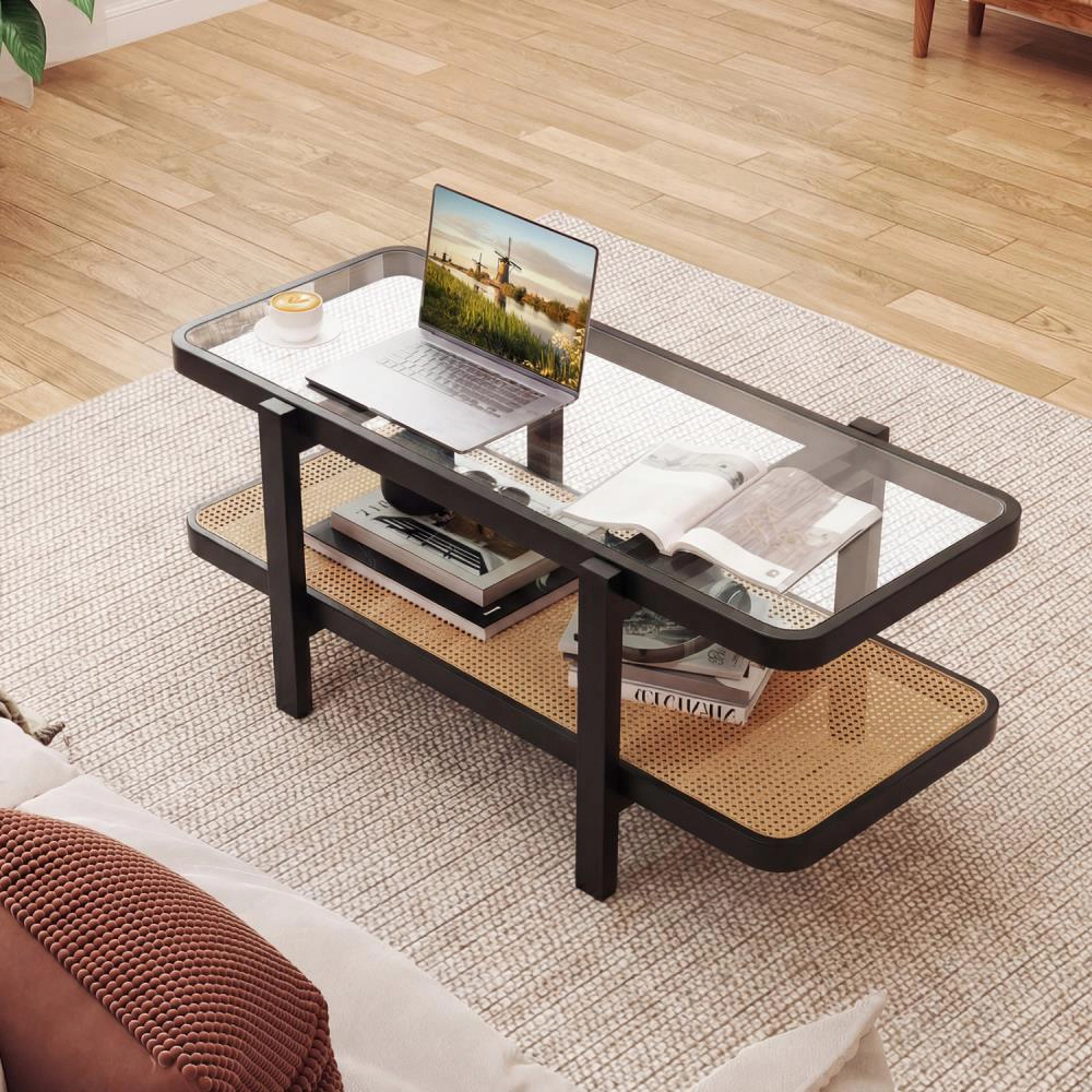 Hivvago 2-Tier Glass-Top Coffee Table Featuring Practical Storage