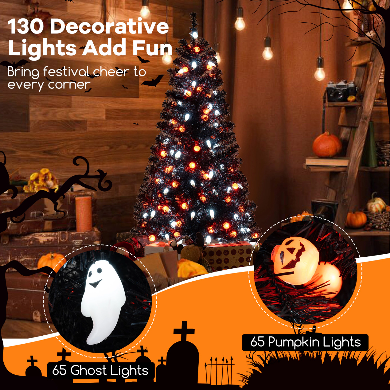 SlickBlue Black Halloween Tree 4.5 Ft Artificial Tree with LED Lights and Sound