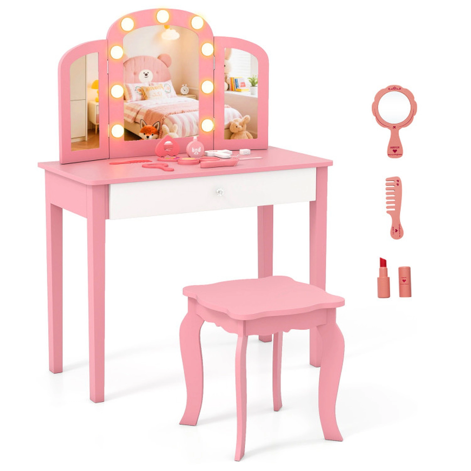 SUGIFT 2-in-1 Kids Vanity Table Set with Tri-Folding Detachable Lighted Mirror 110-lb Capacity Ages 3-12 Pink/White