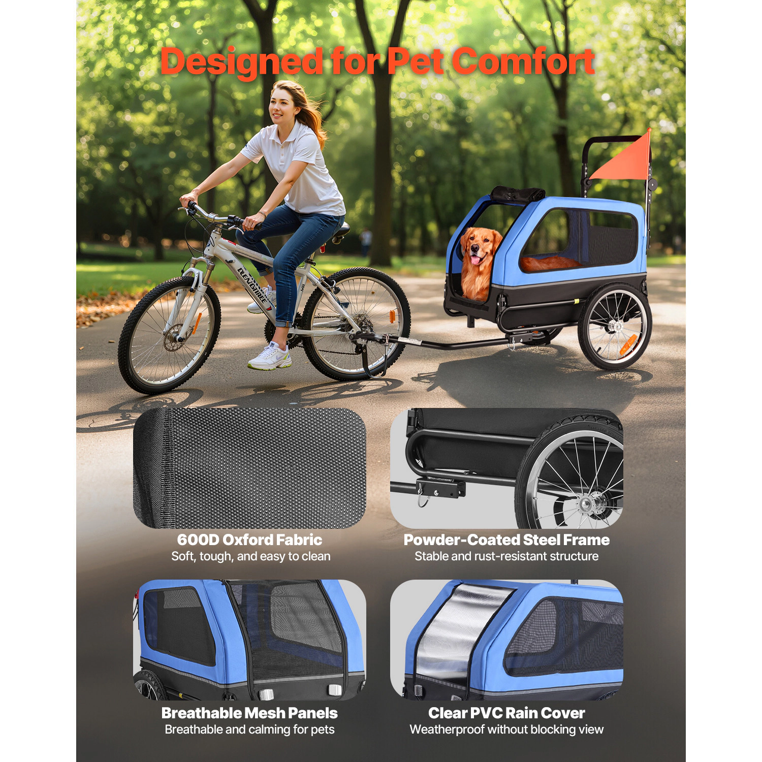 HONGGE 2-in-1 Dog Bike Trailer & Stroller, 88 lb Capacity, Built-In Leash, Foldable Frame for Large Dogs