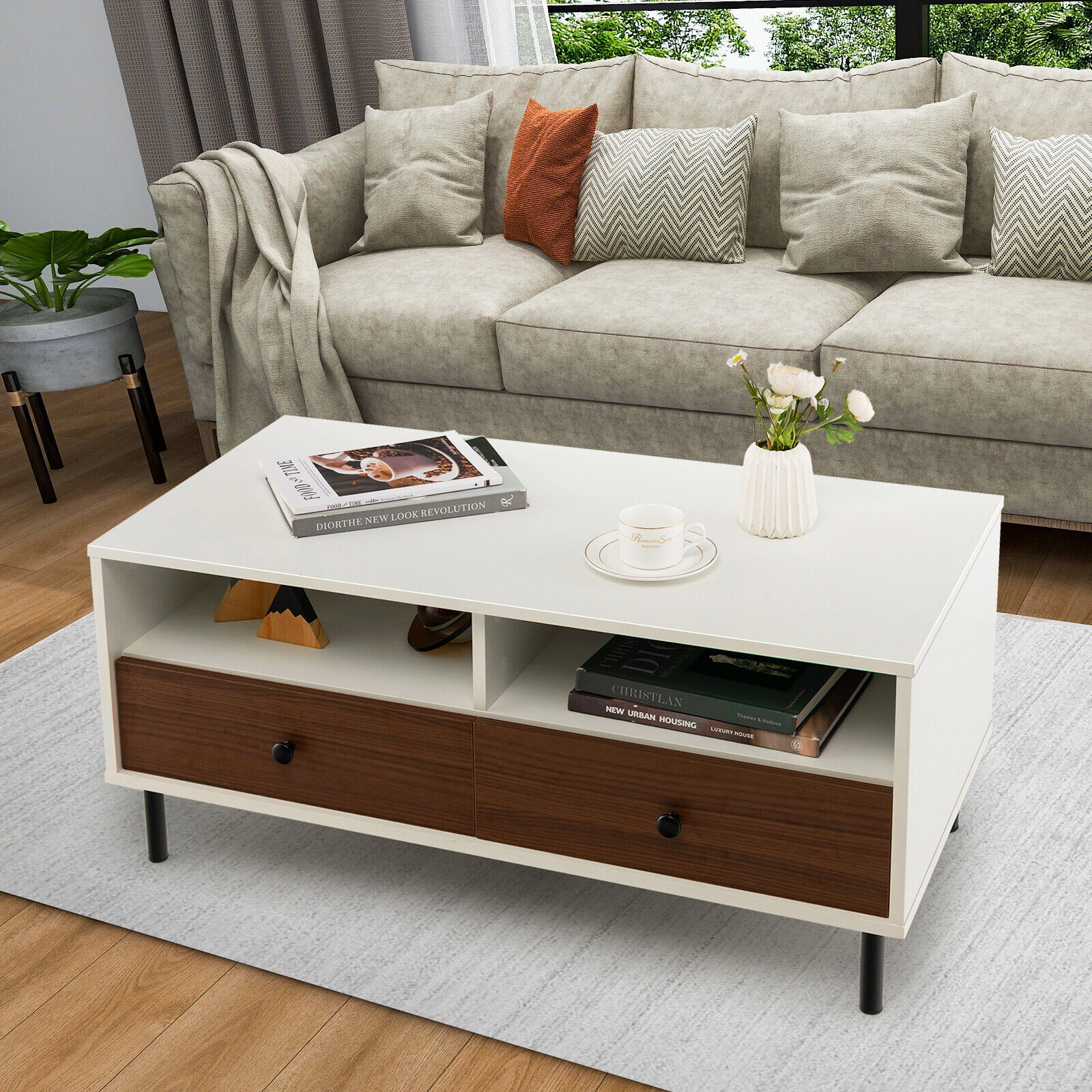 SUGIFT 2 Tier 40-in Rectangle Coffee Table with Storage Shelf and Drawers 200-lb Tabletop Capacity 40 x 20 x 18 in White