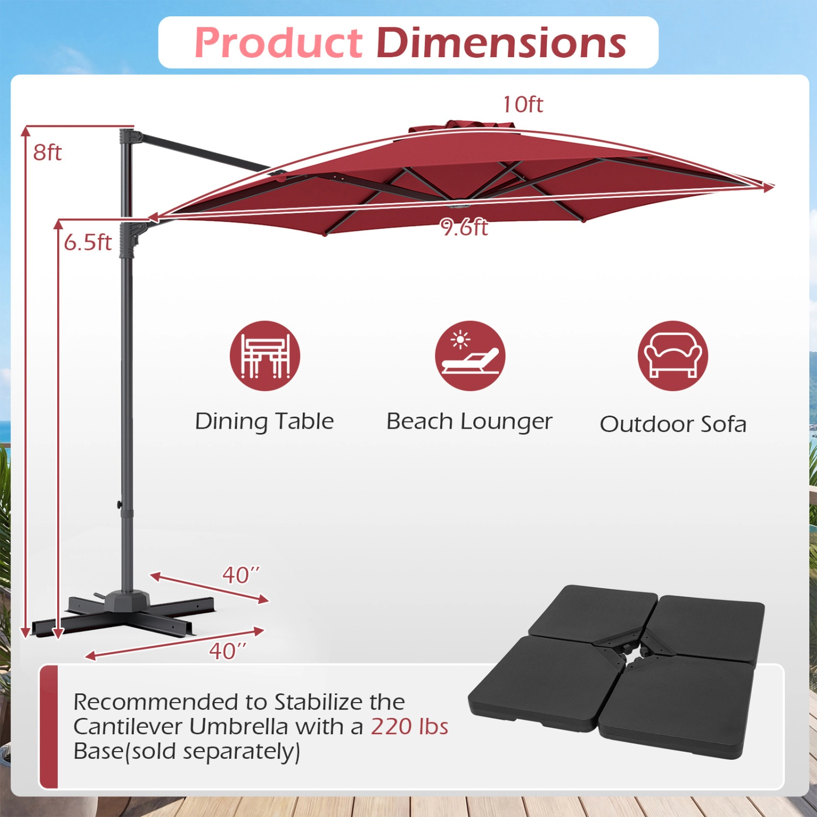 SUGIFT 10-ft 360° Rotating Cantilever Patio Umbrella with Vented Polyester Canopy and Cross Base Wine