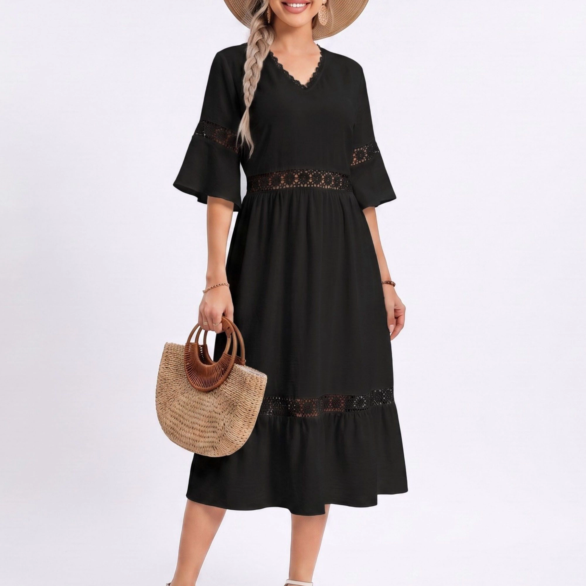 Anna-Kaci Women's V-Neck Lace Trim Bell Sleeve Midi Dress