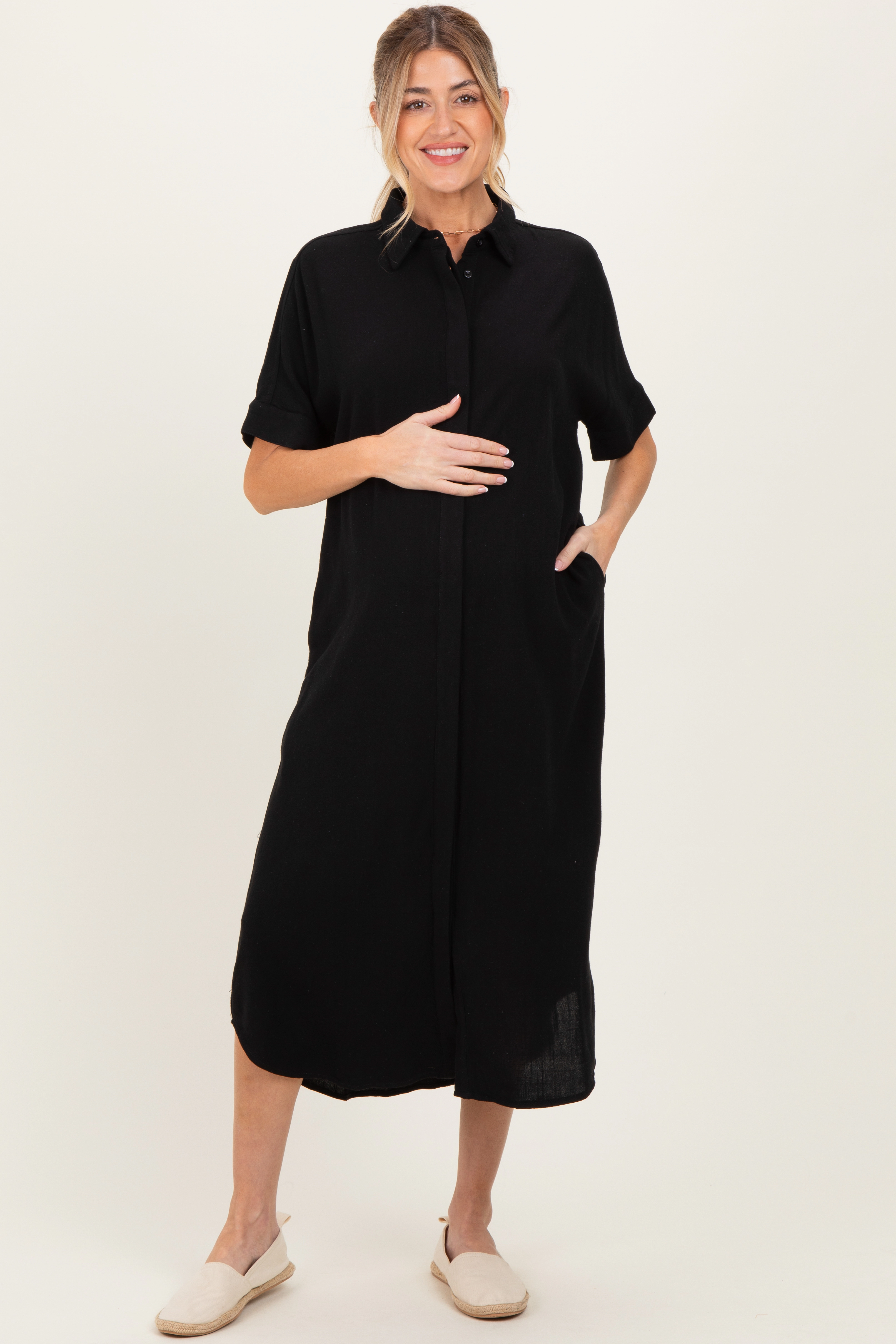 PinkBlush Womens Black Button Down Maternity Midi Shirt Dress