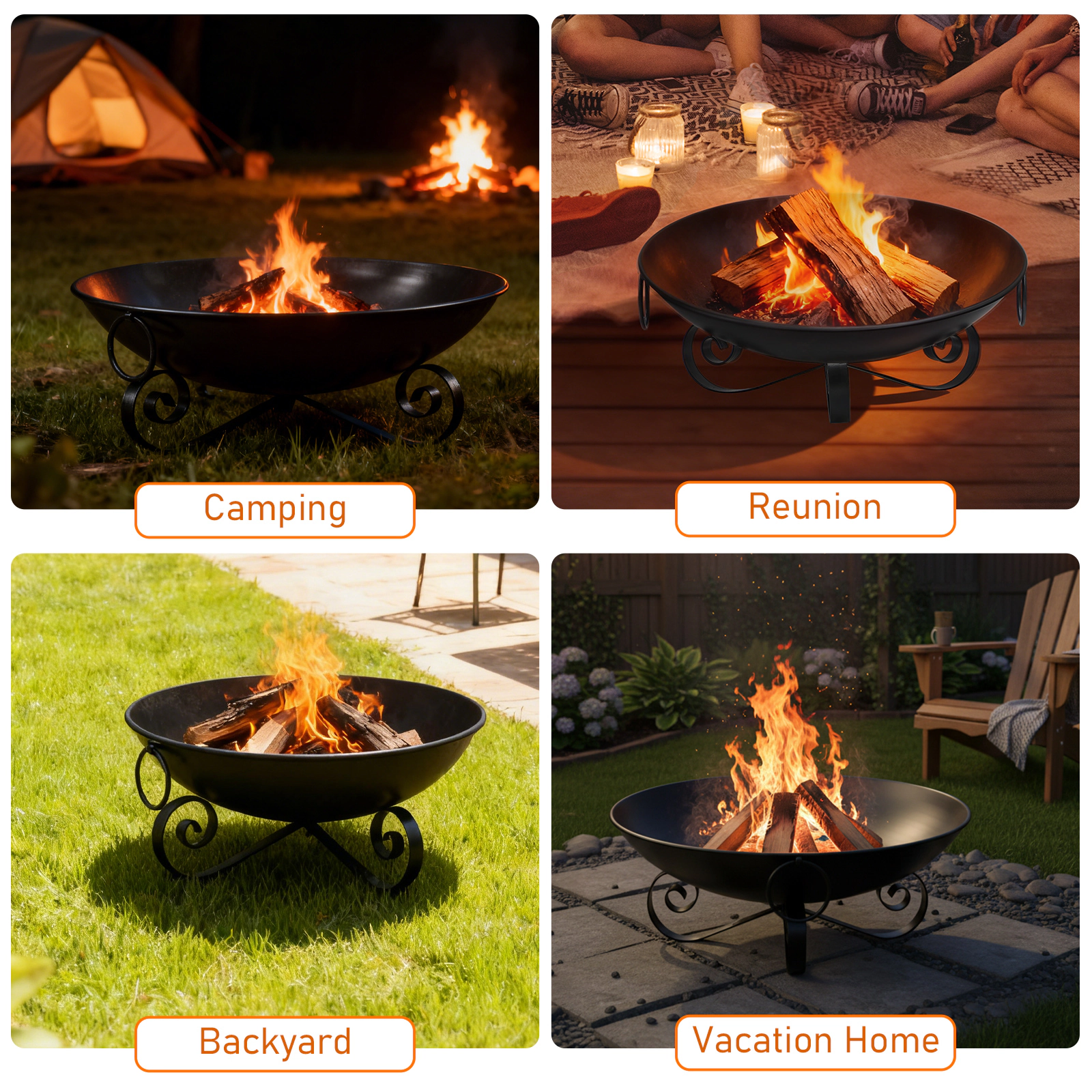 SUGIFT 24 Inch Metal Fire Pit Bowl Black Outdoor Wood-Burning Firepit with Handles