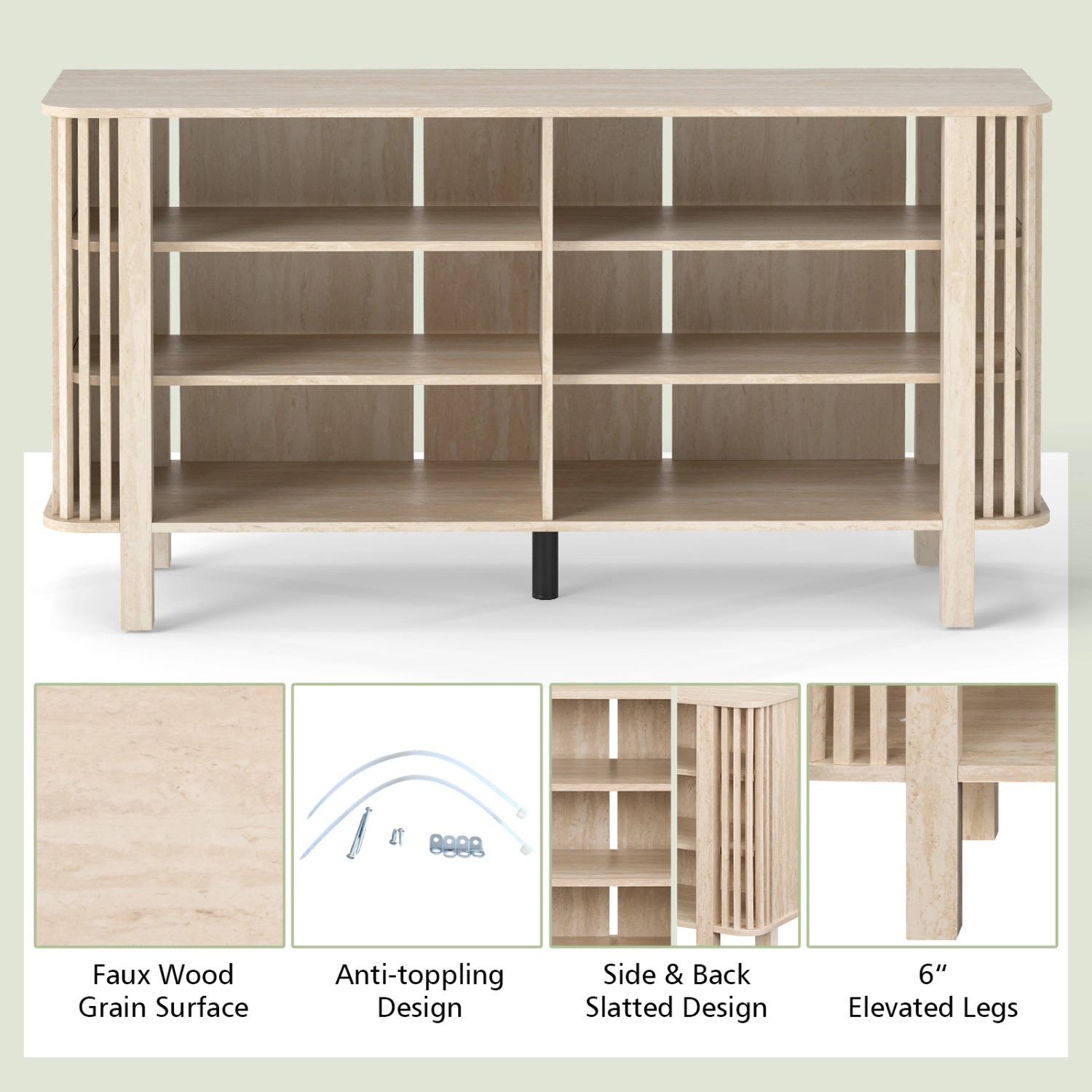Glintex 59-Inch Slatted TV Stand with 3-Level Adjustable Shelves, Natural